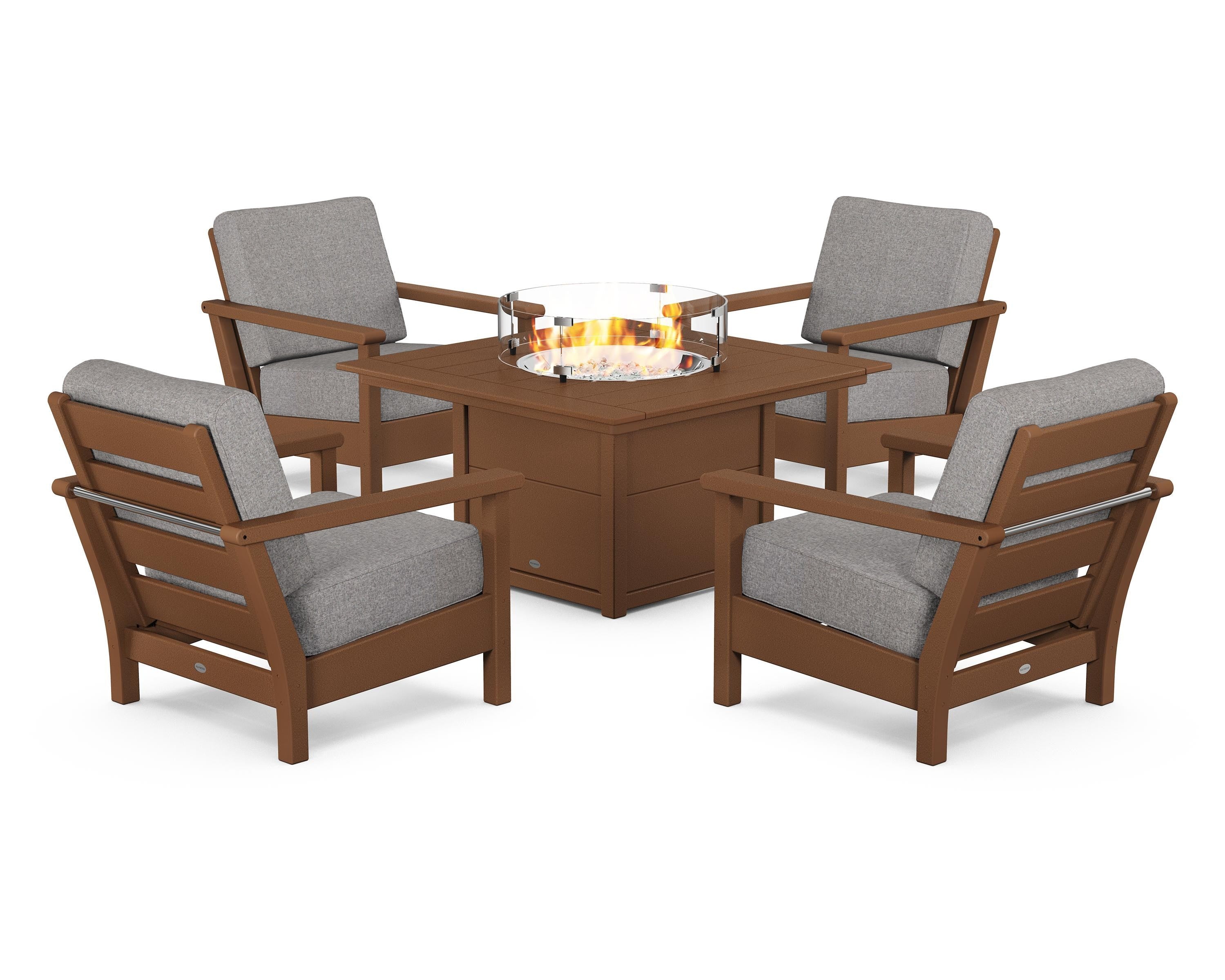 POLYWOOD® Harbour 5-Piece Conversation Set with Fire Pit Table in Teak / Grey Mist
