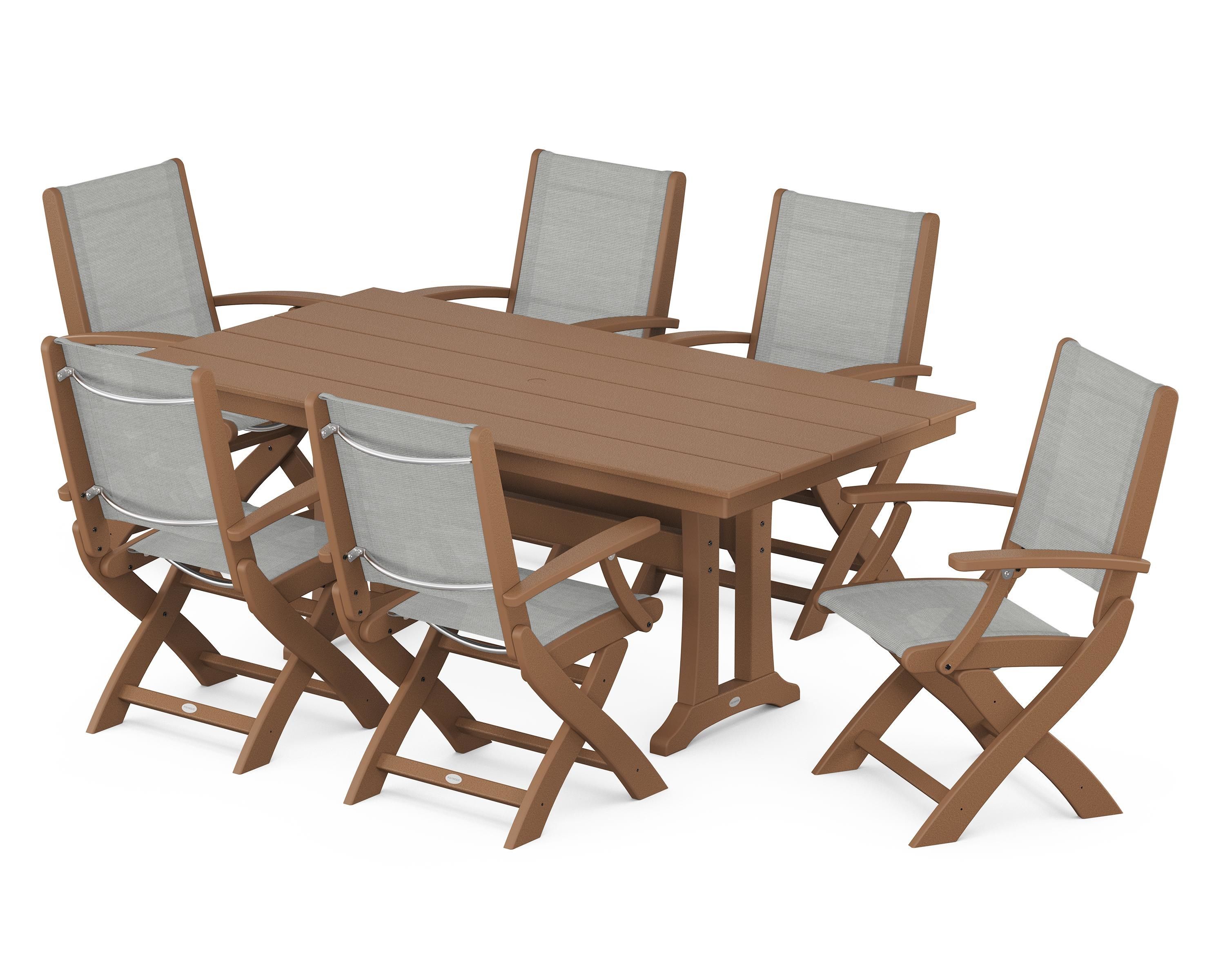 POLYWOOD® Coastal Folding Arm Chair 7-Piece Farmhouse Dining Set with Trestle Legs in Teak / Metallic Sling