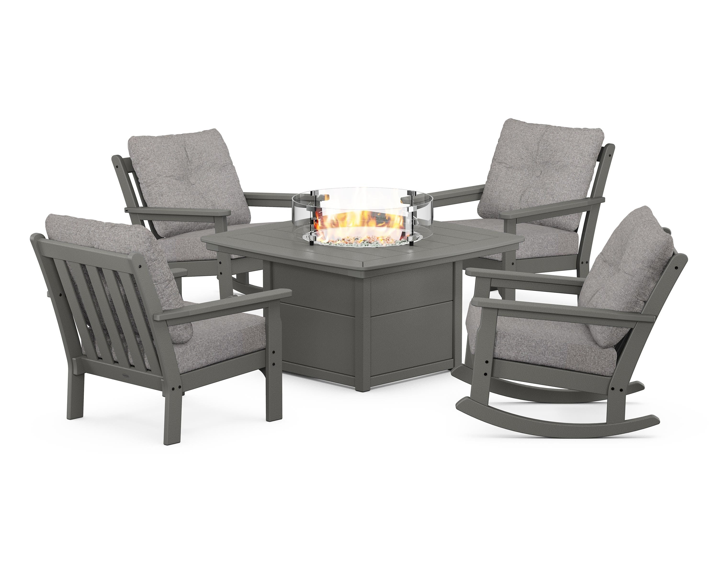 POLYWOOD® Vineyard 5-Piece Deep Seating Rocking Chair Conversation Set with Fire Pit Table in Slate Grey / Grey Mist