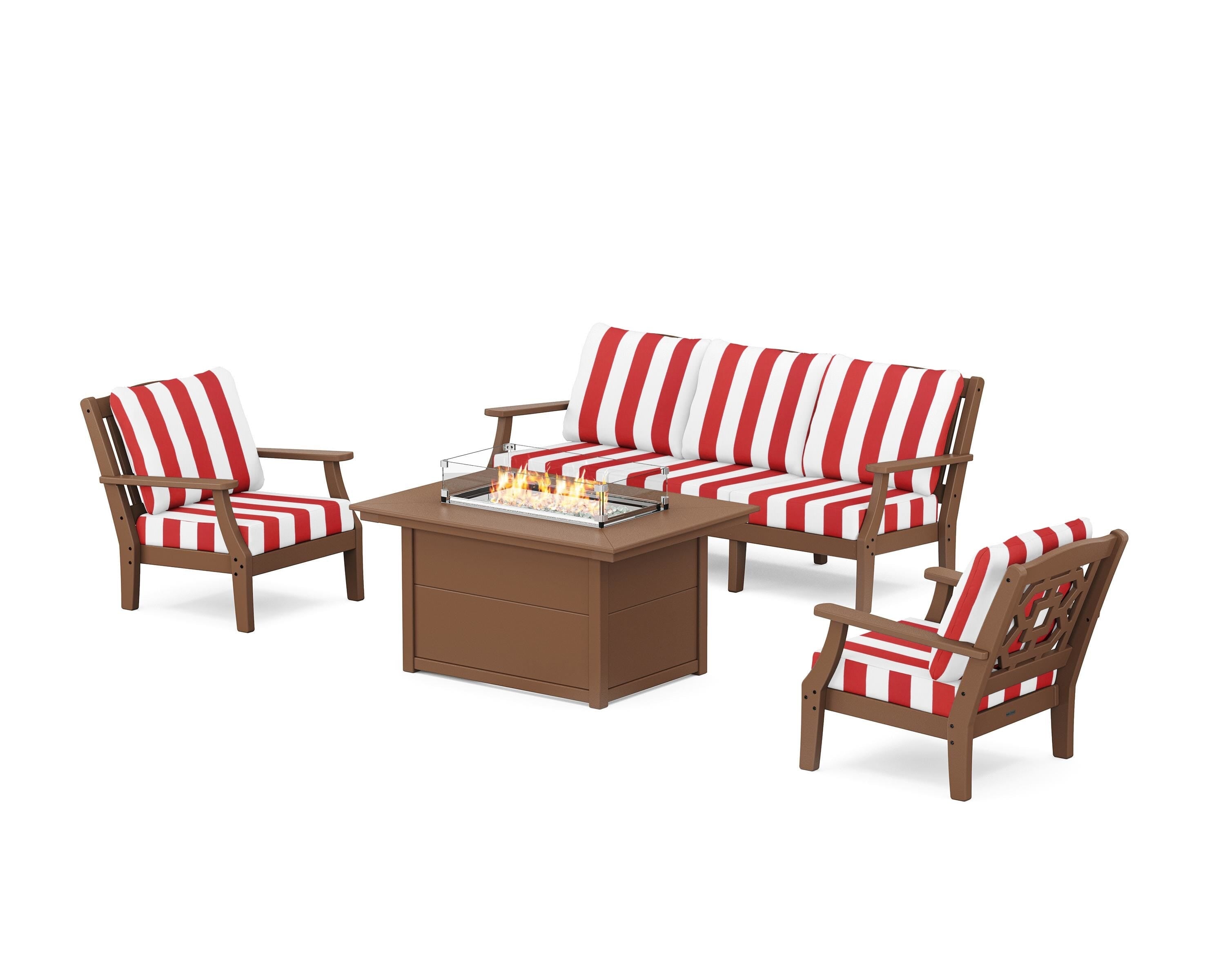 Martha Stewart by POLYWOOD® Chinoiserie Deep Seating Fire Pit Table Set in Teak / Cabana Stripe Crimson