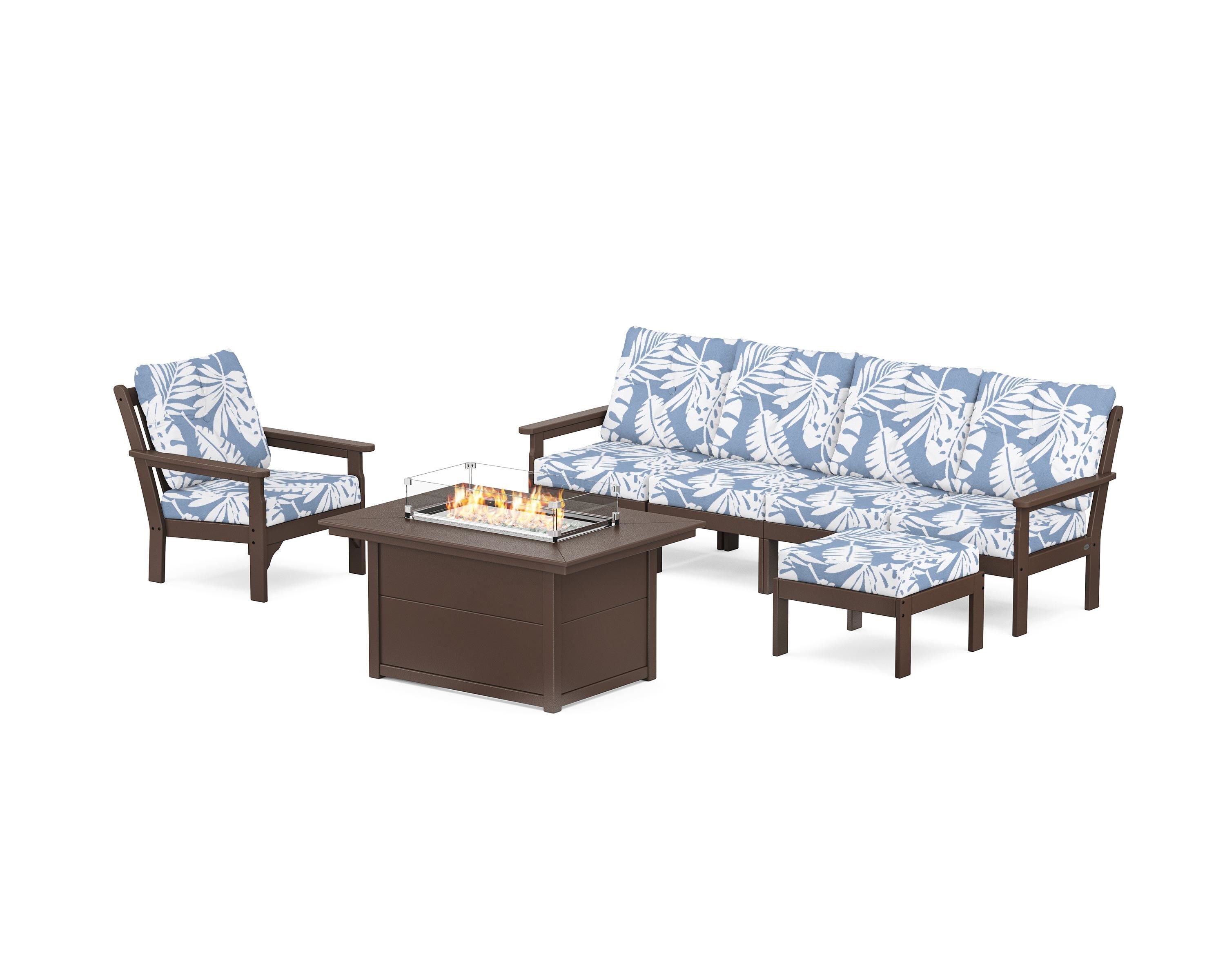 POLYWOOD® Vineyard Sectional Lounge and Fire Pit Set in Mahogany / Leaf Sky Blue