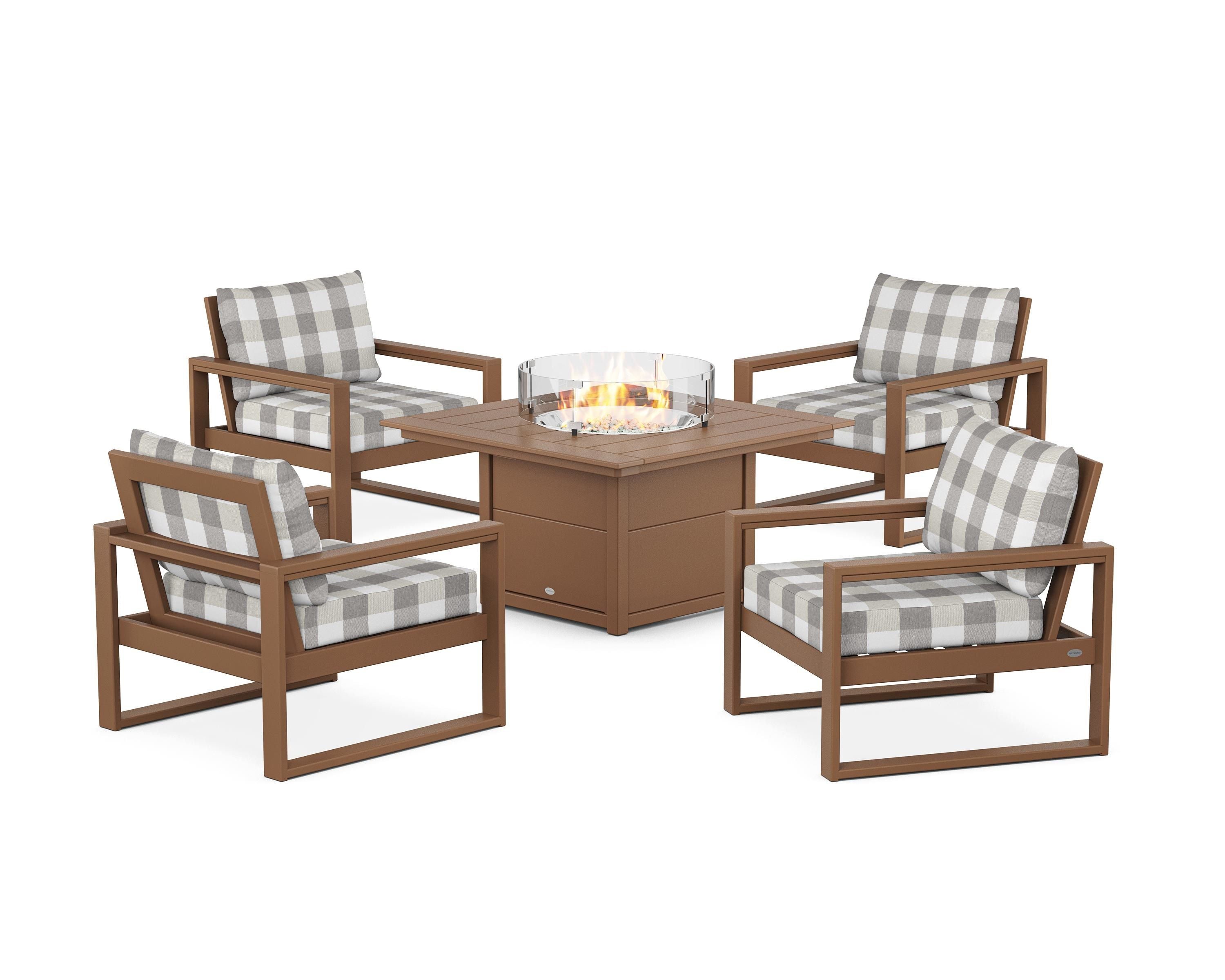 POLYWOOD® EDGE Sectional 5-Piece Deep Seating Set with Fire Pit Table in Teak / Buffalo Plaid Grey Mist