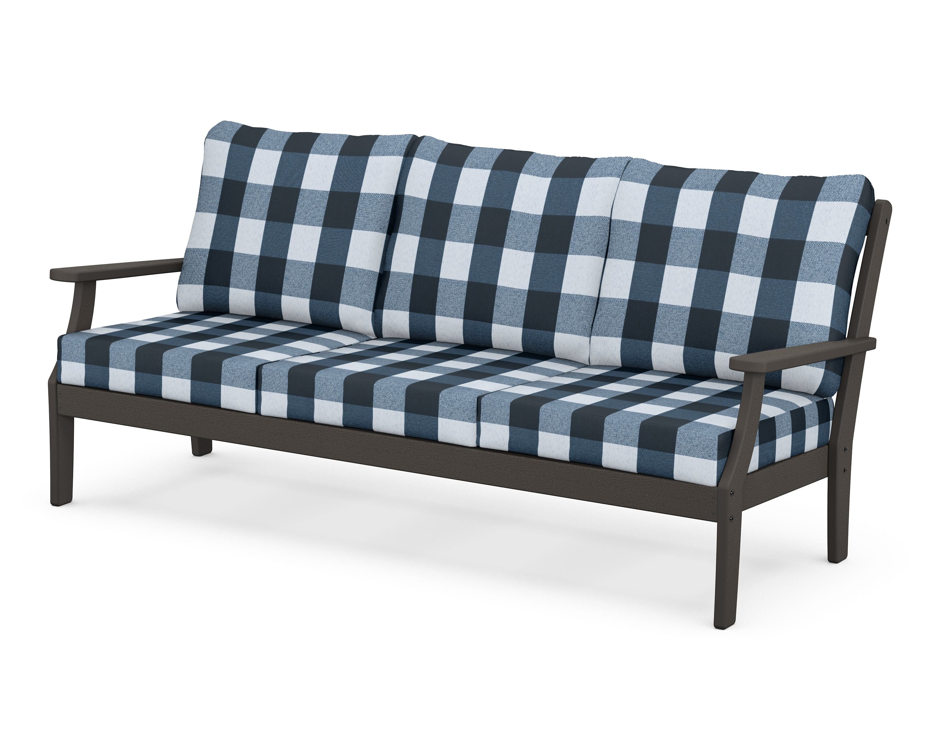 POLYWOOD® Braxton Deep Seating Sofa in Vintage Coffee / Buffalo Plaid Marine Indigo
