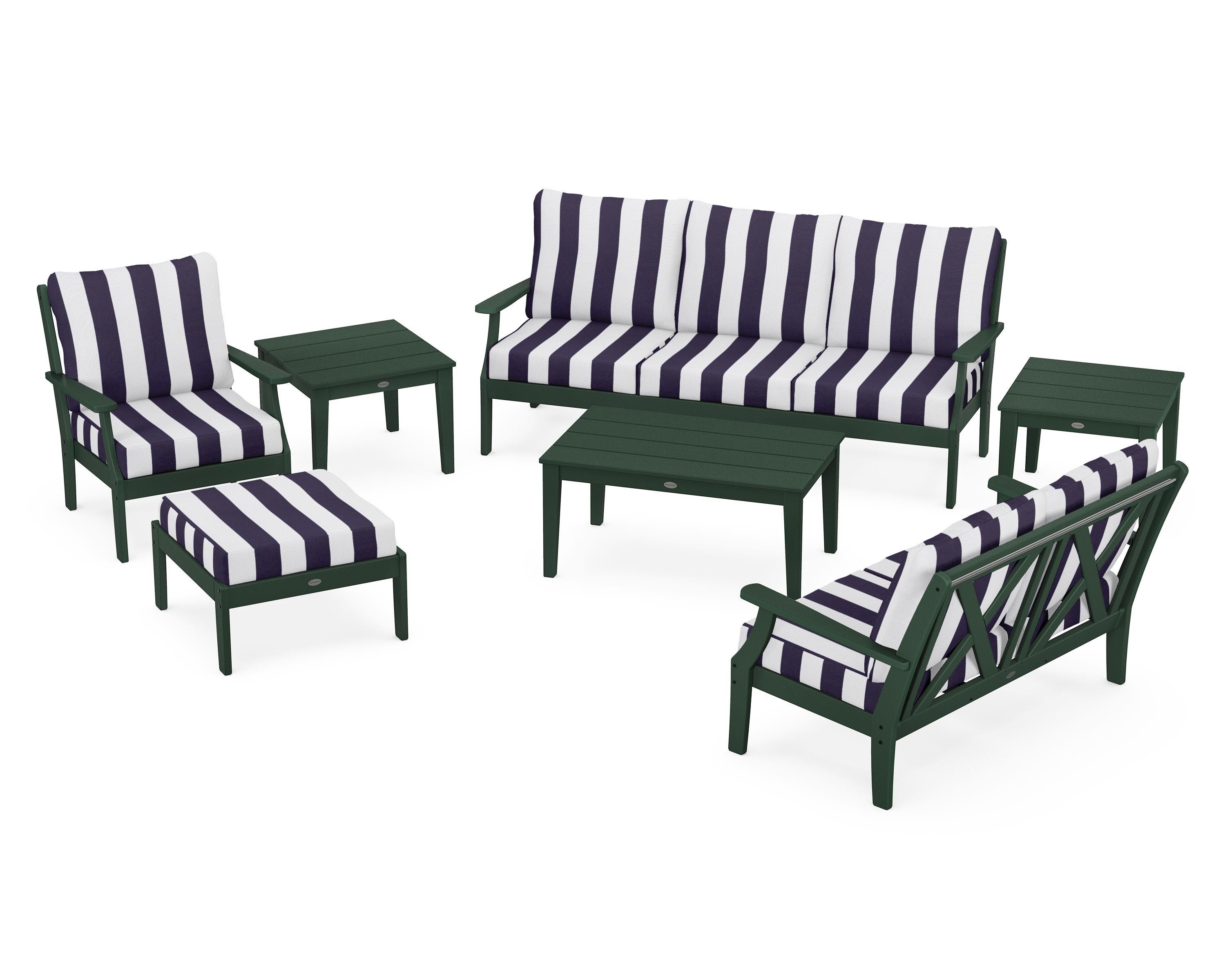 POLYWOOD® Braxton 7-Piece Deep Seating Set in Green / Cabana Stripe Navy