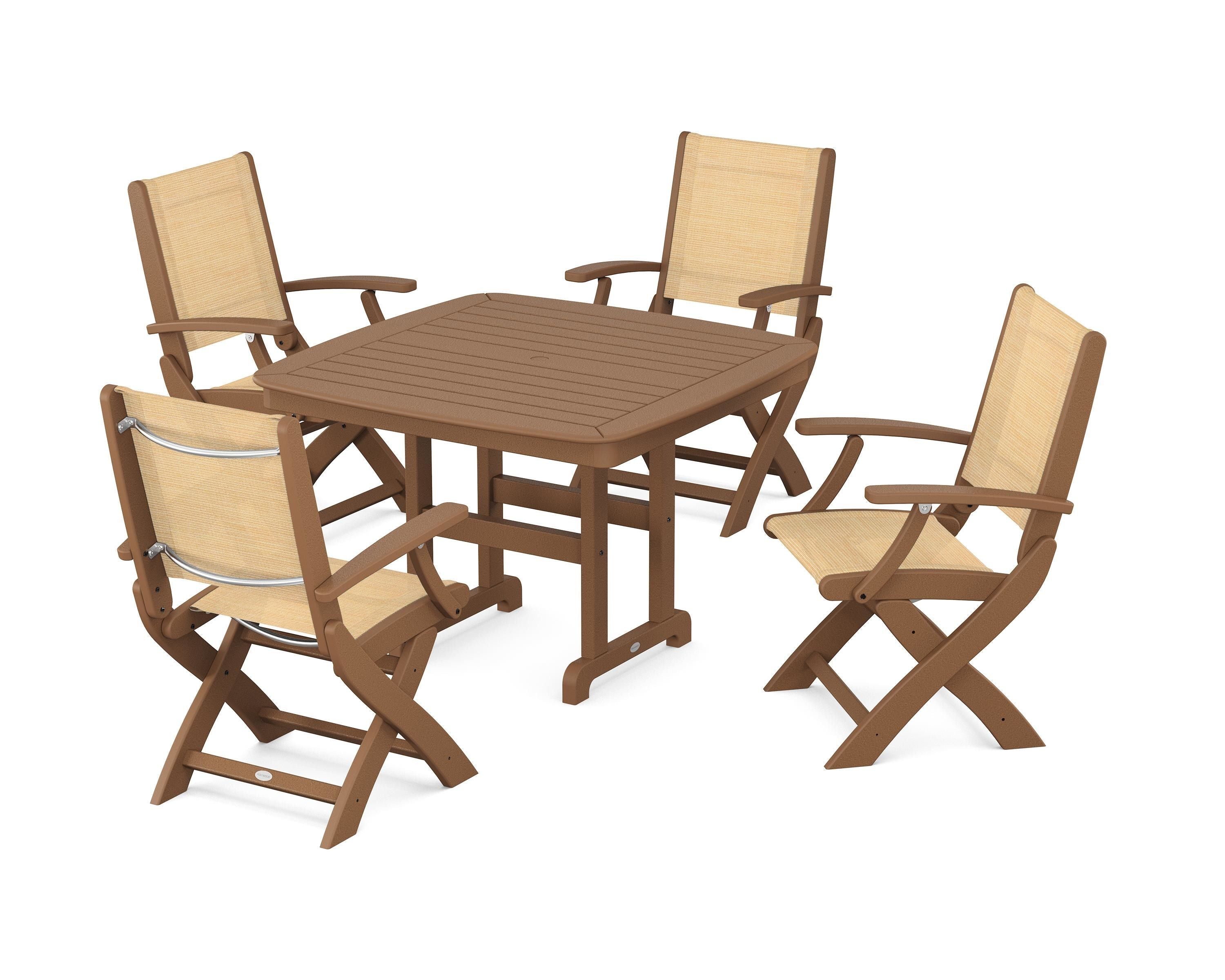 POLYWOOD® Coastal Folding Chair 5-Piece Dining Set in Teak / Dupioni Apricot Sling