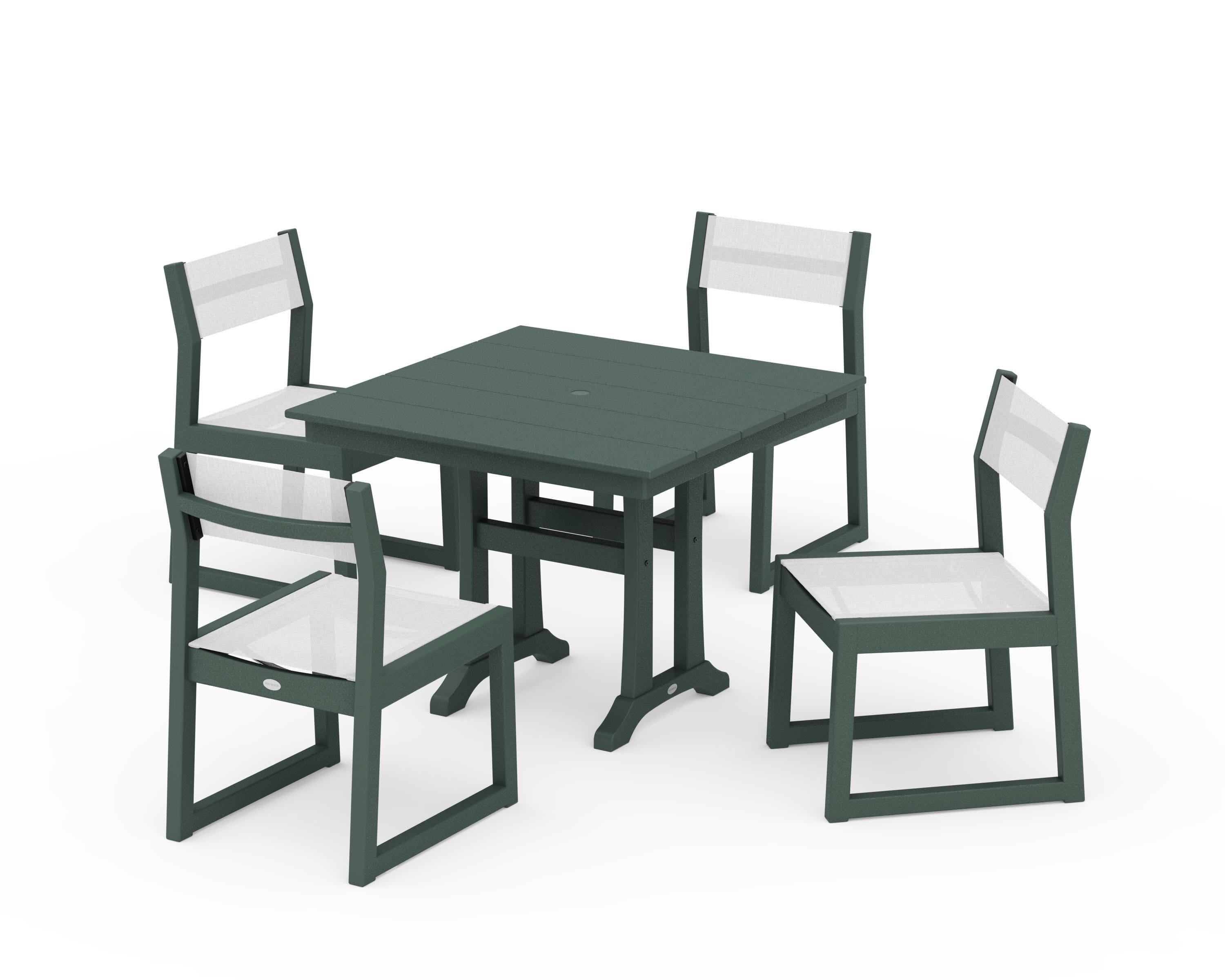 POLYWOOD® EDGE Sling 5-Piece Farmhouse Trestle Side Chair Dining Set in Green / White Sling