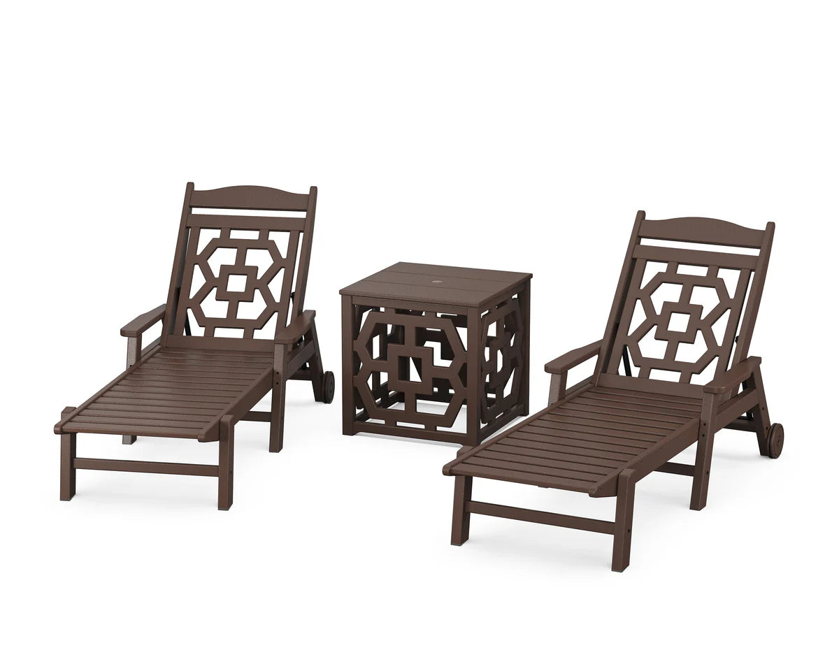 Chinoiserie 3-Piece Chaise Set with Umbrella Stand Accent Table