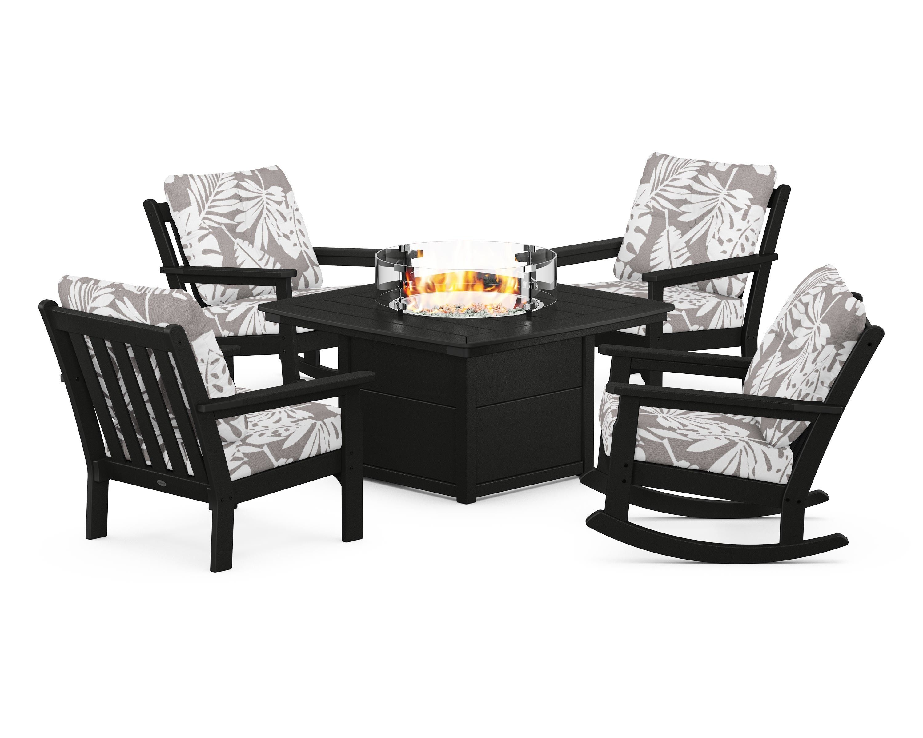 POLYWOOD® Vineyard 5-Piece Deep Seating Rocking Chair Conversation Set with Fire Pit Table in Black / Leaf Grey Mist