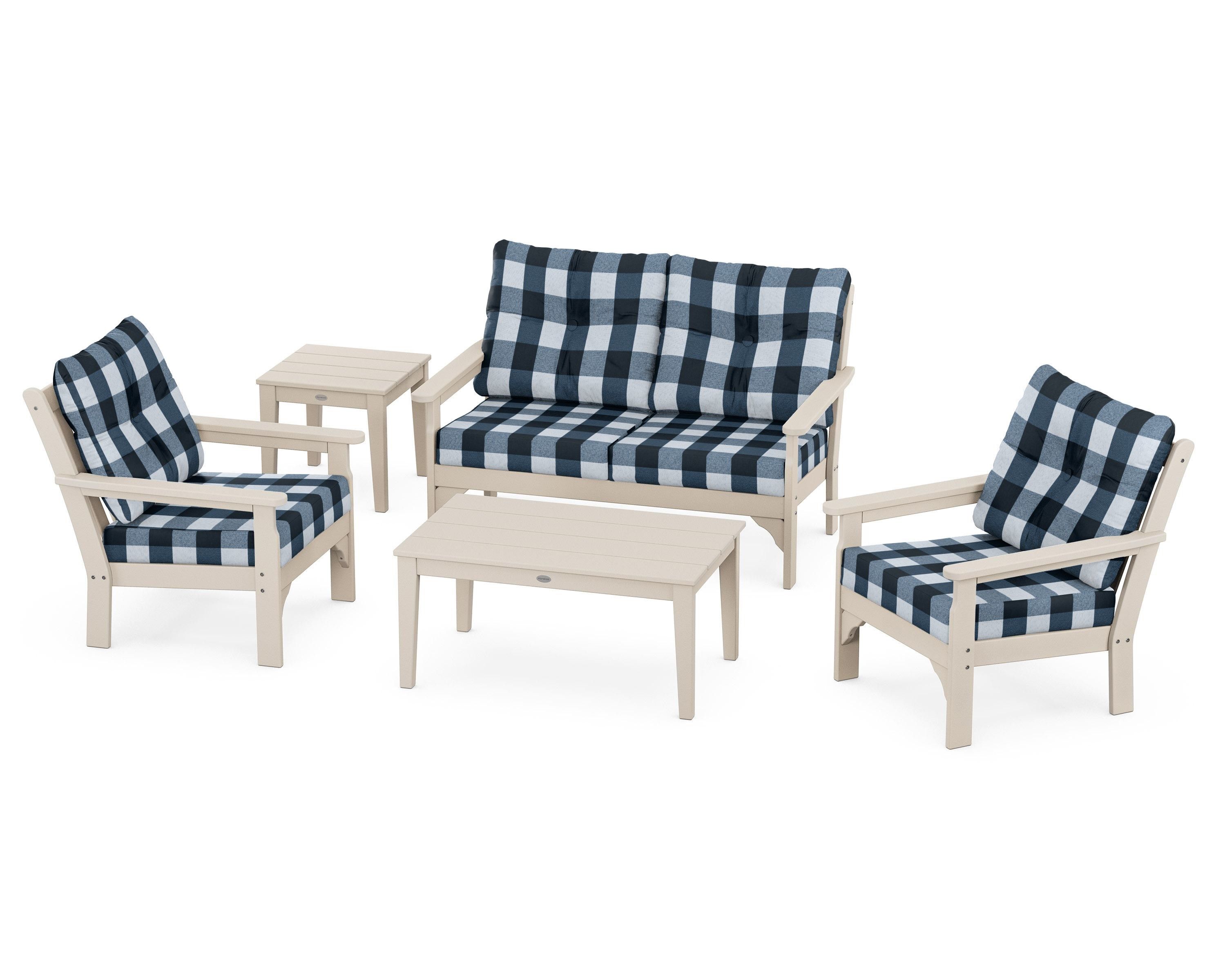 POLYWOOD® Vineyard 5-Piece Deep Seating Set in Sand / Buffalo Plaid Marine Indigo