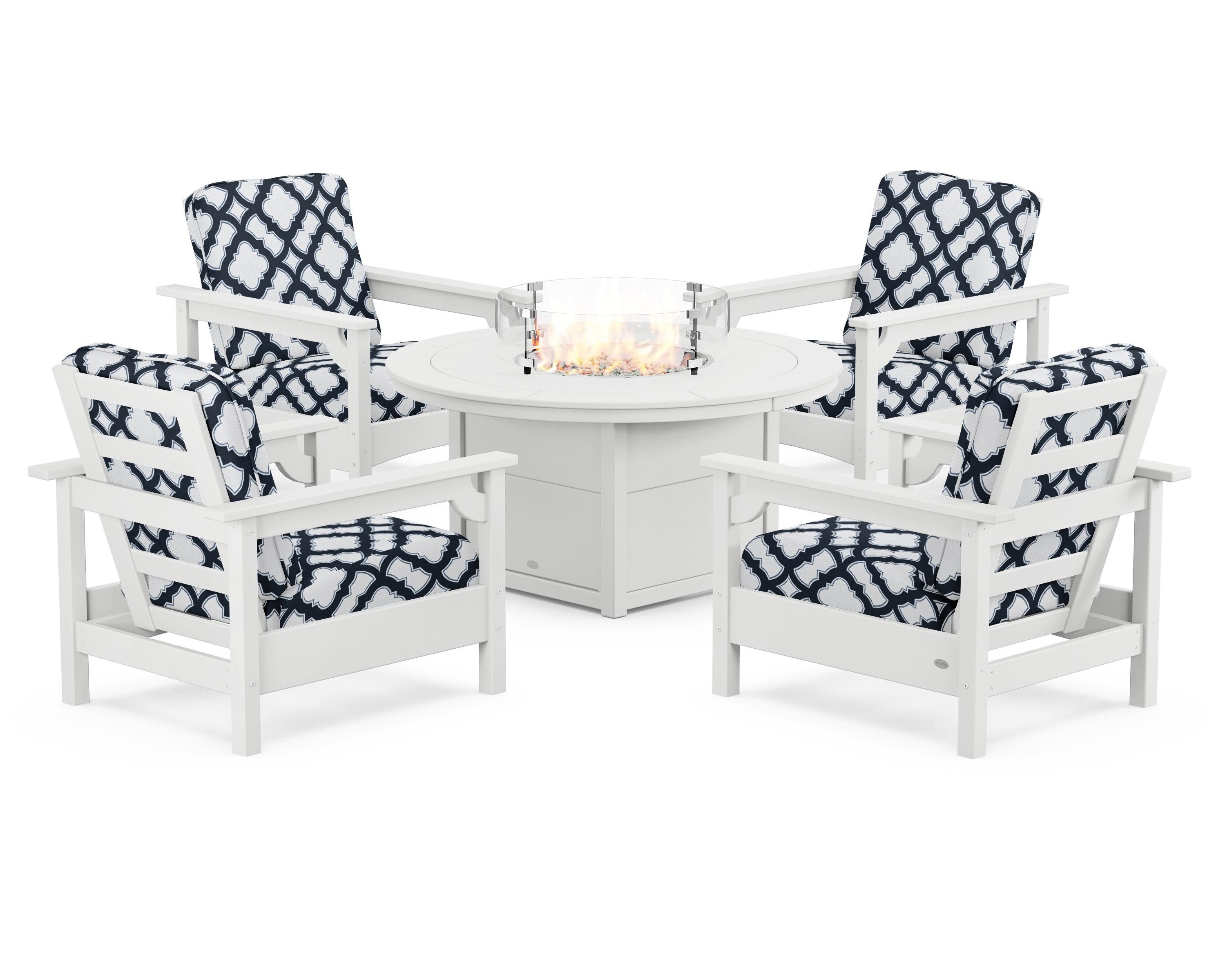 POLYWOOD® Club 5-Piece Conversation Set with Fire Pit Table in White / Trellis Marine Indigo