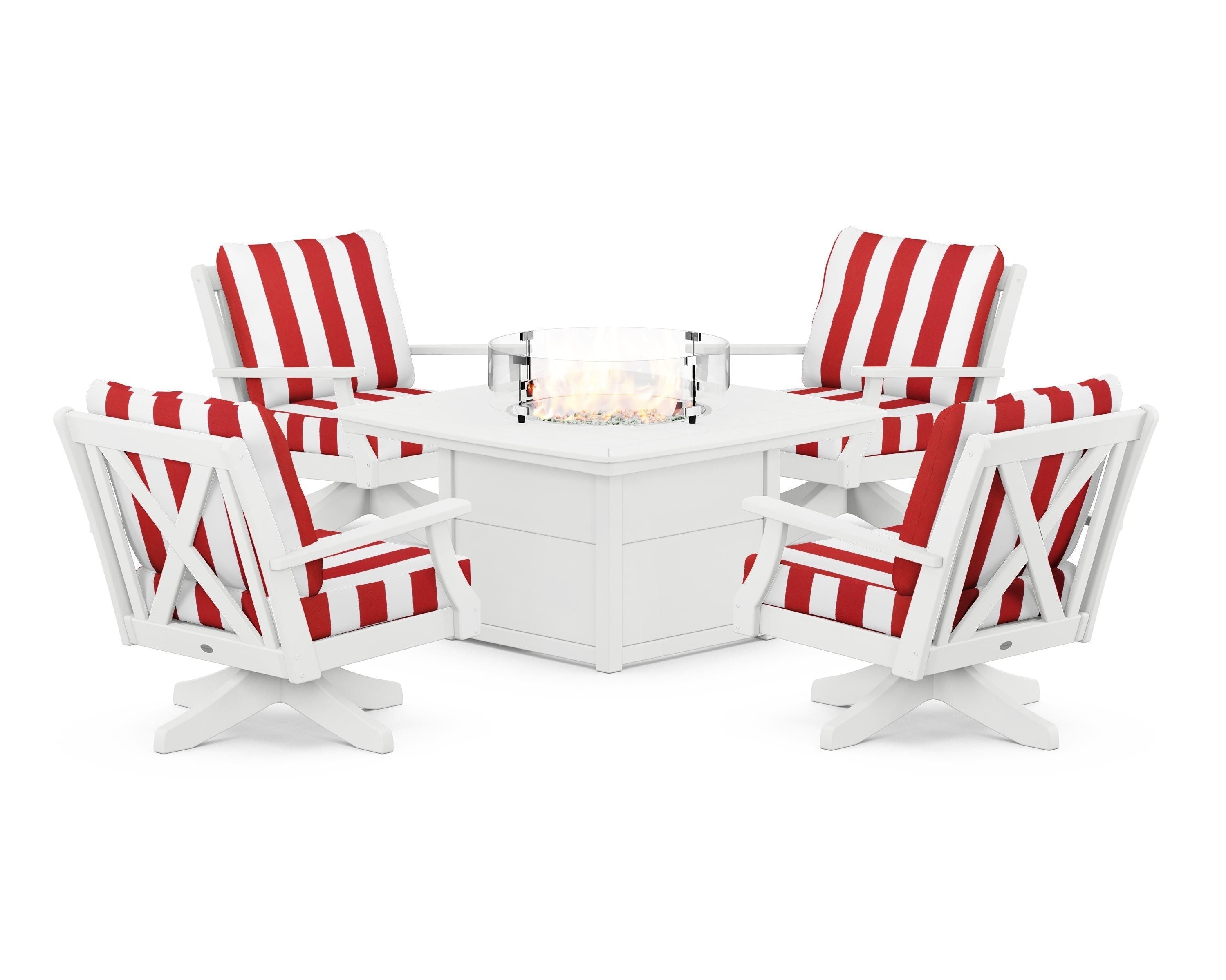 POLYWOOD® Braxton 5-Piece Deep Seating Swivel Conversation Set with Fire Pit Table in White / Cabana Stripe Crimson