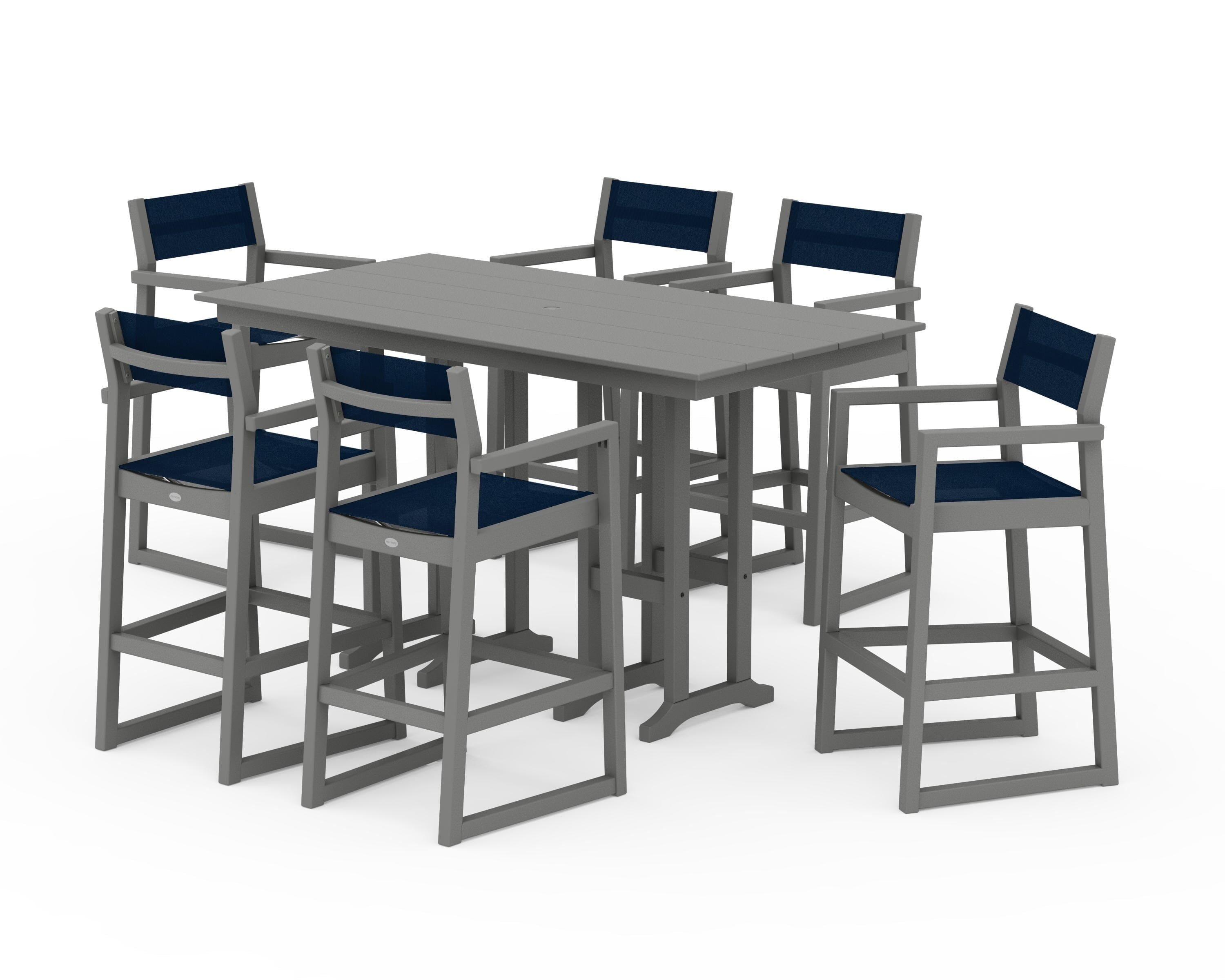 POLYWOOD® EDGE Sling Arm Chair 7-Piece Farmhouse Bar Set in Slate Grey / Navy Blue Sling