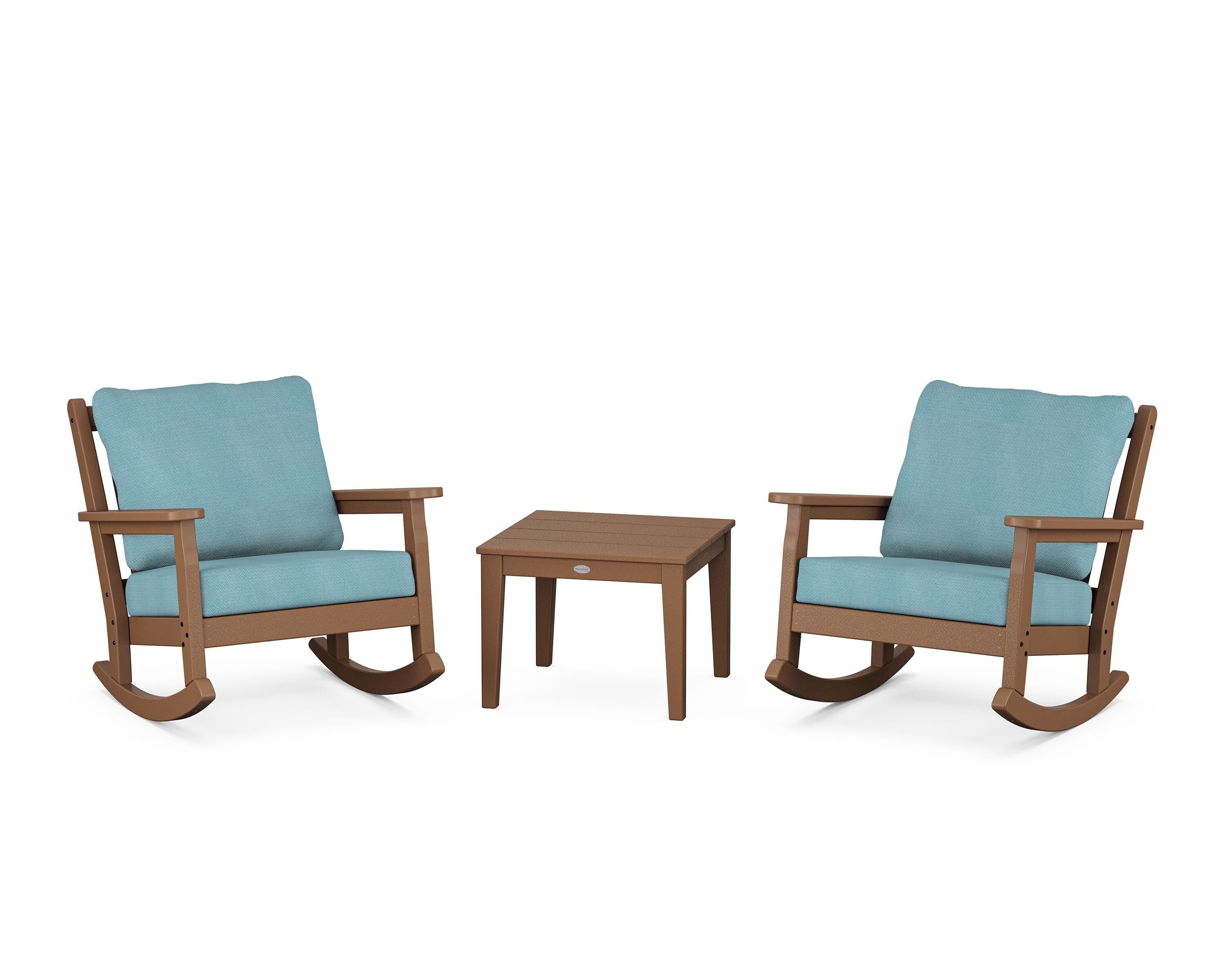 POLYWOOD® Chippendale 3-Piece Deep Seating Rocker Set in Teak / Lattice Sky Blue