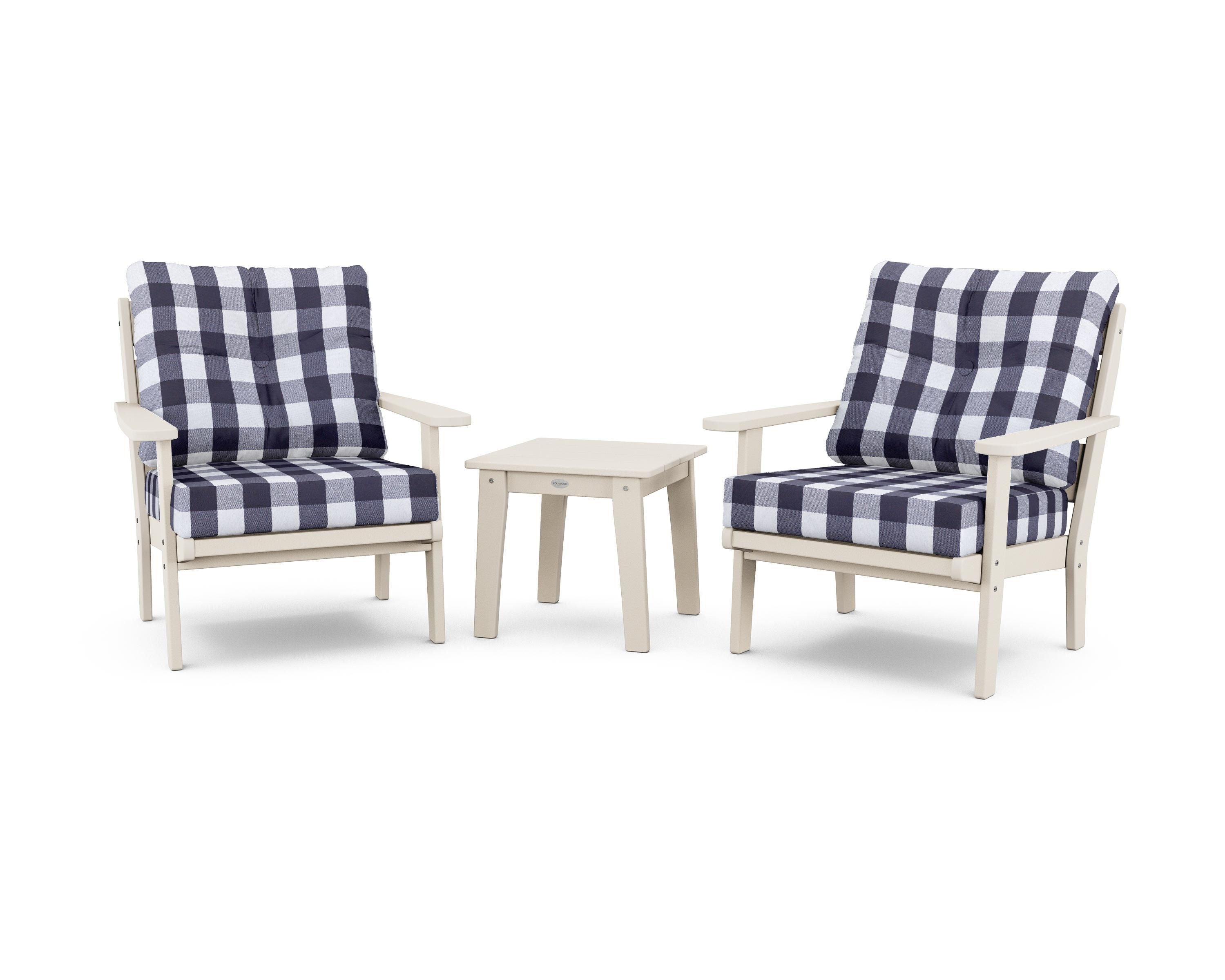 POLYWOOD® Lakeside 3-Piece Deep Seating Chair Set in Sand / Buffalo Plaid Navy