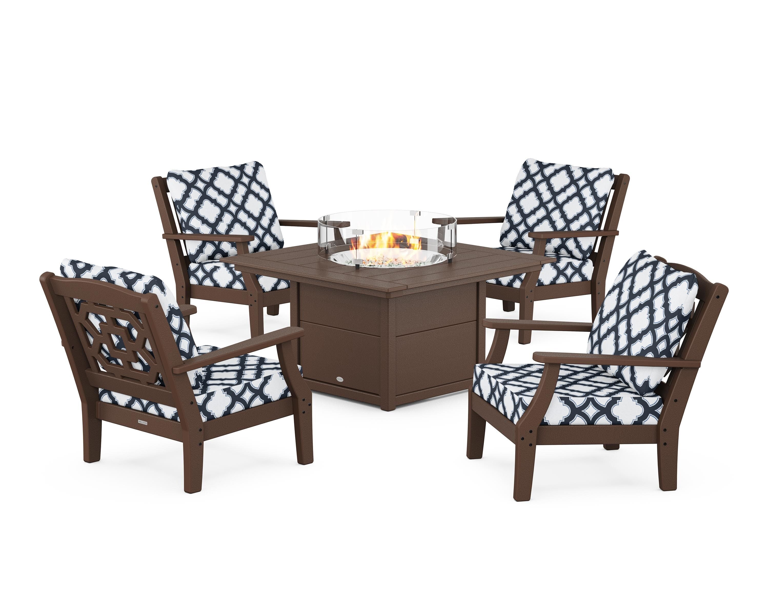 Martha Stewart by POLYWOOD® Chinoiserie 5-Piece Deep Seating Set with Fire Pit Table in Mahogany / Trellis Marine Indigo