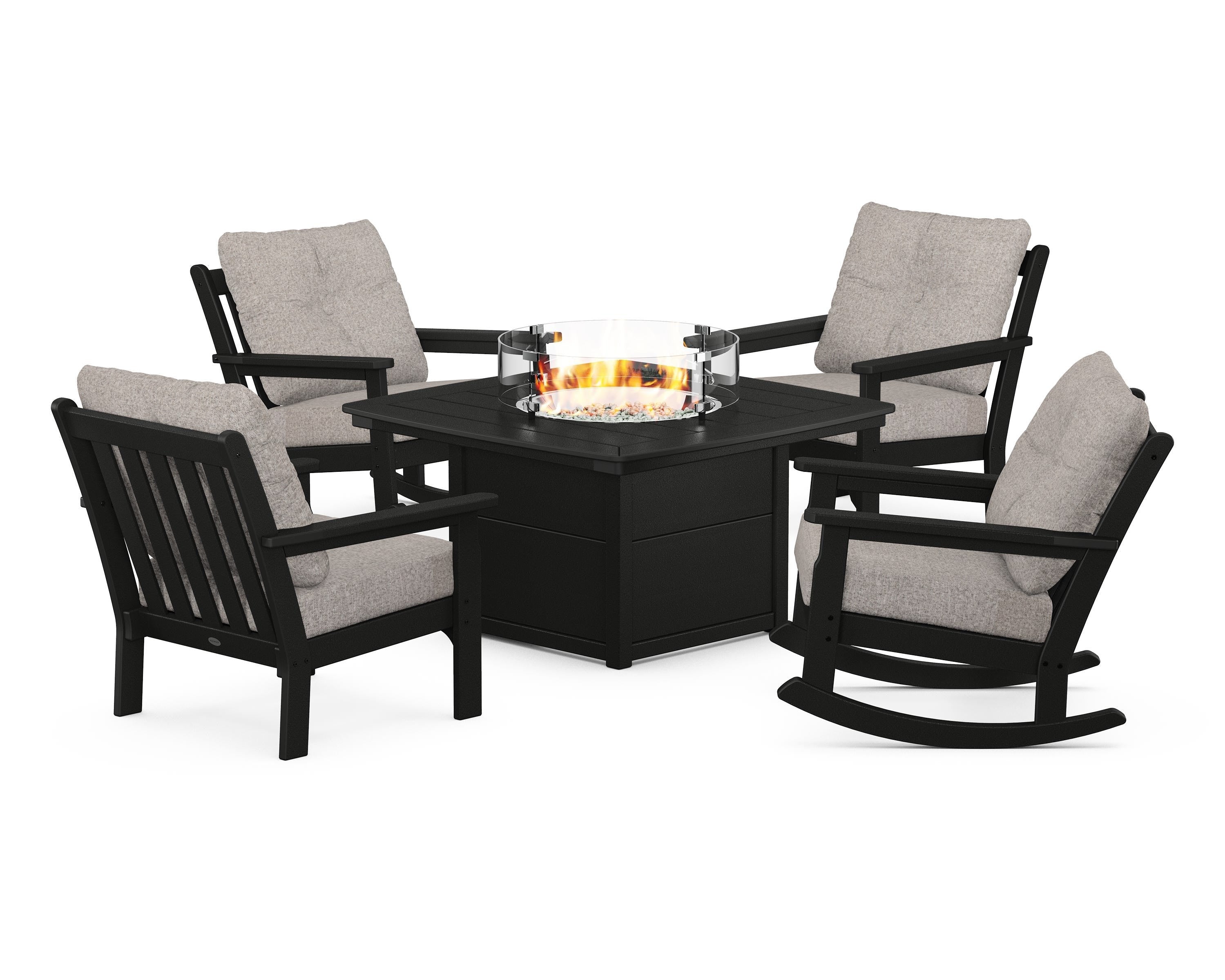 POLYWOOD® Vineyard 5-Piece Deep Seating Rocking Chair Conversation Set with Fire Pit Table in Black / Weathered Tweed