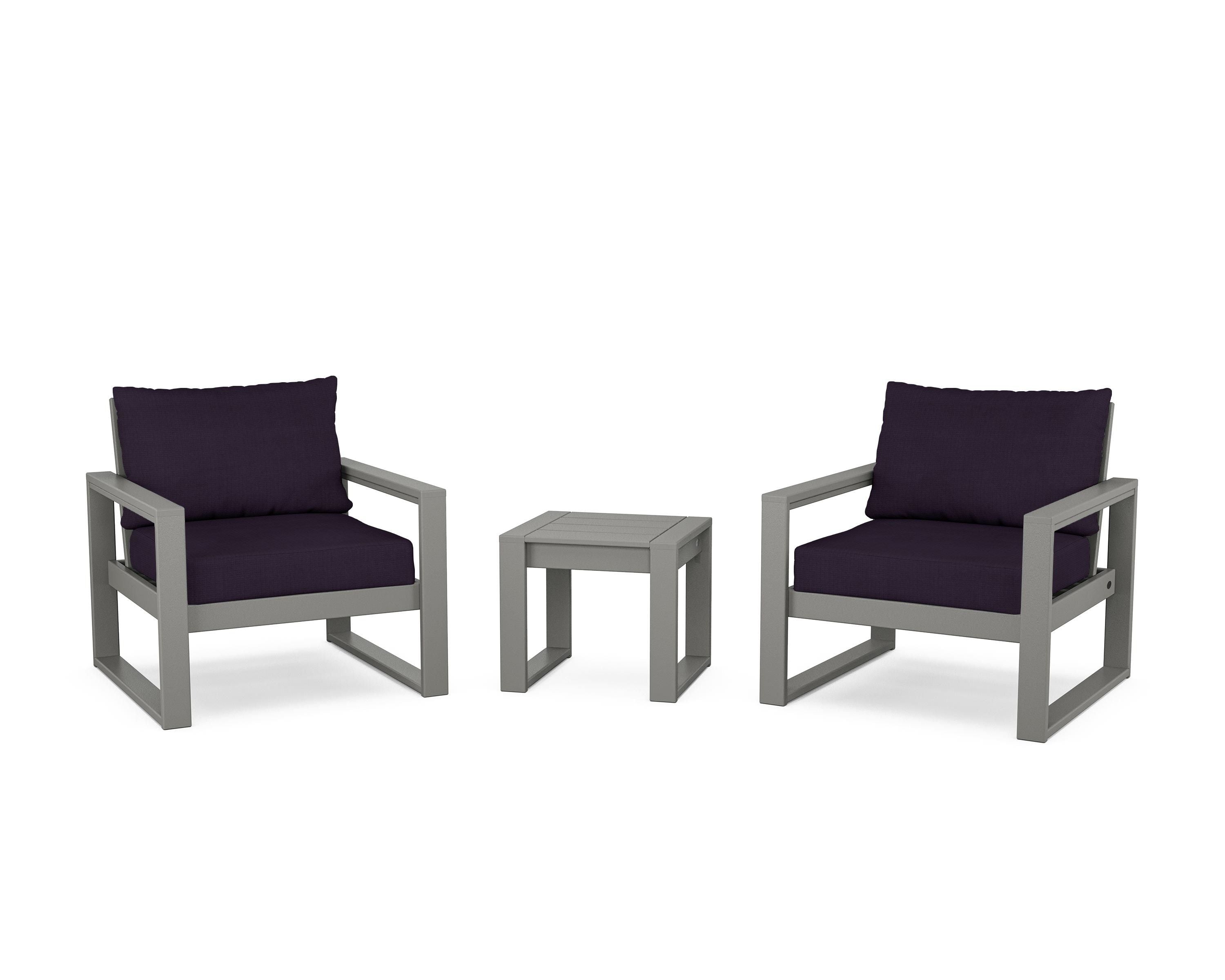 POLYWOOD® EDGE Sectional 3-Piece Deep Seating Set in Slate Grey / Navy Linen
