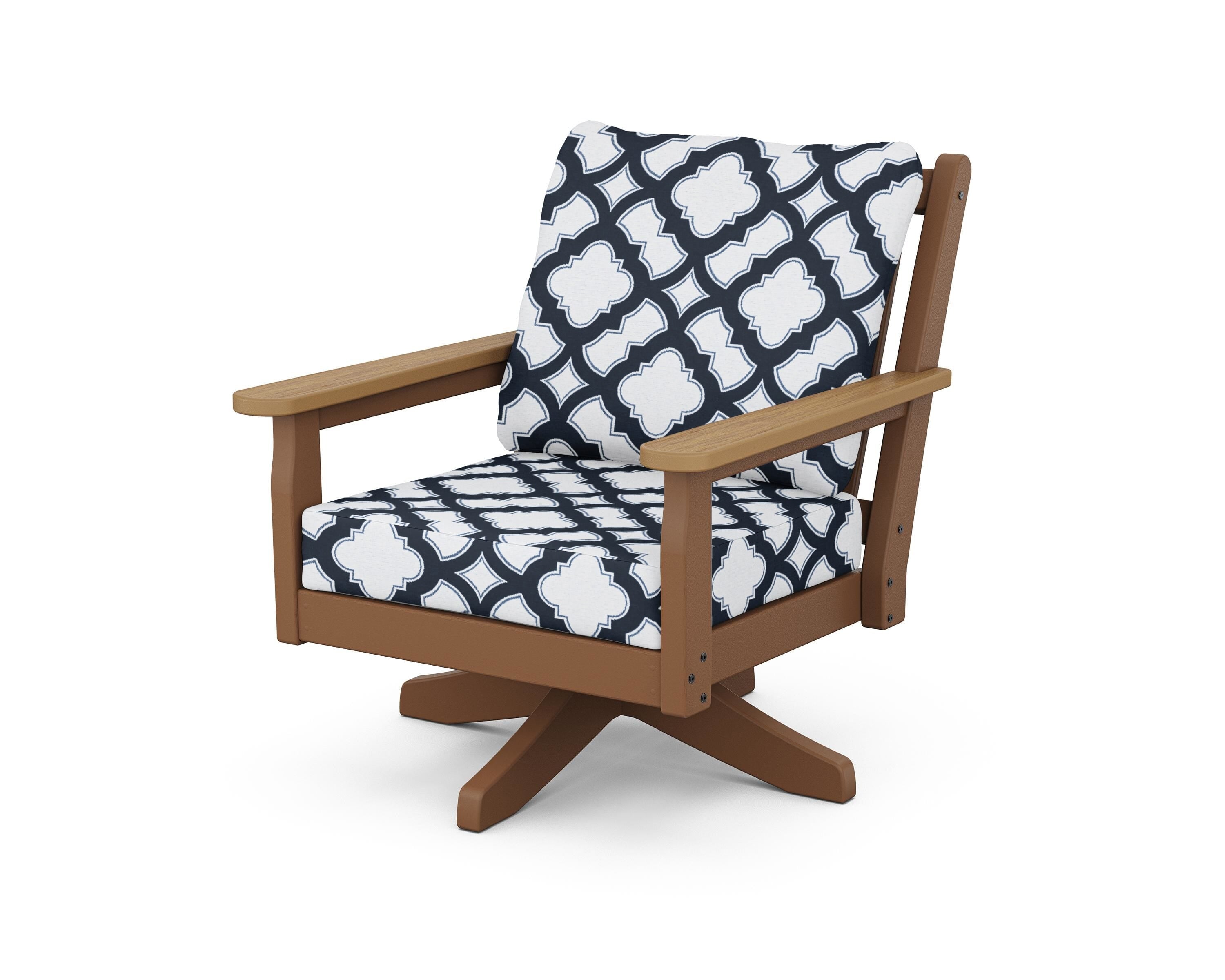 POLYWOOD® Chippendale Deep Seating Swivel Chair in Teak / Natural / Trellis Marine Indigo