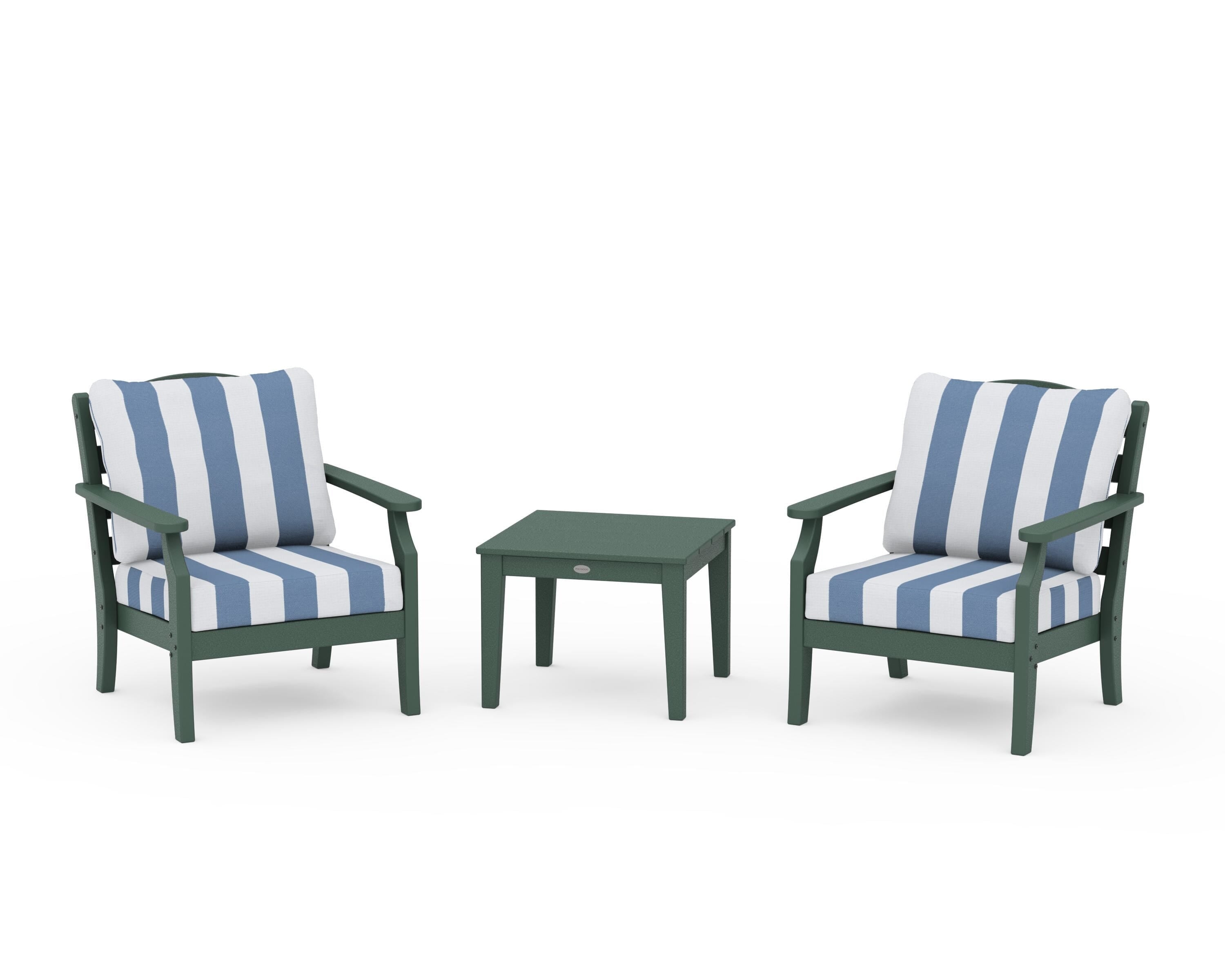 Draper James™ by POLYWOOD® Savannah 3-Piece Deep Seating Set in Green / Cabana Stripe Sky Blue