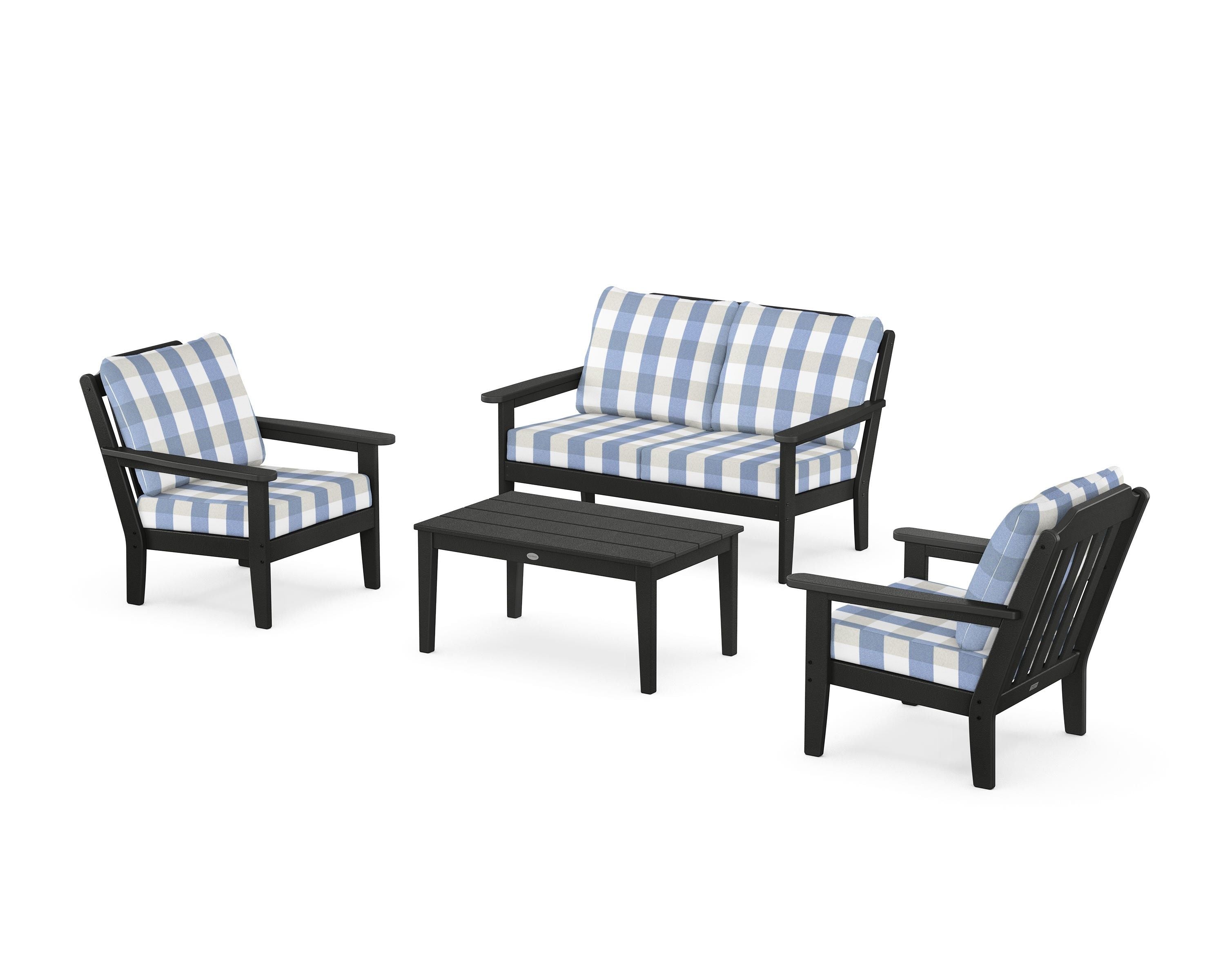 Country Living Cottage 4-Piece Deep Seating Set with Loveseat in Black / Buffalo Plaid Sky Blue
