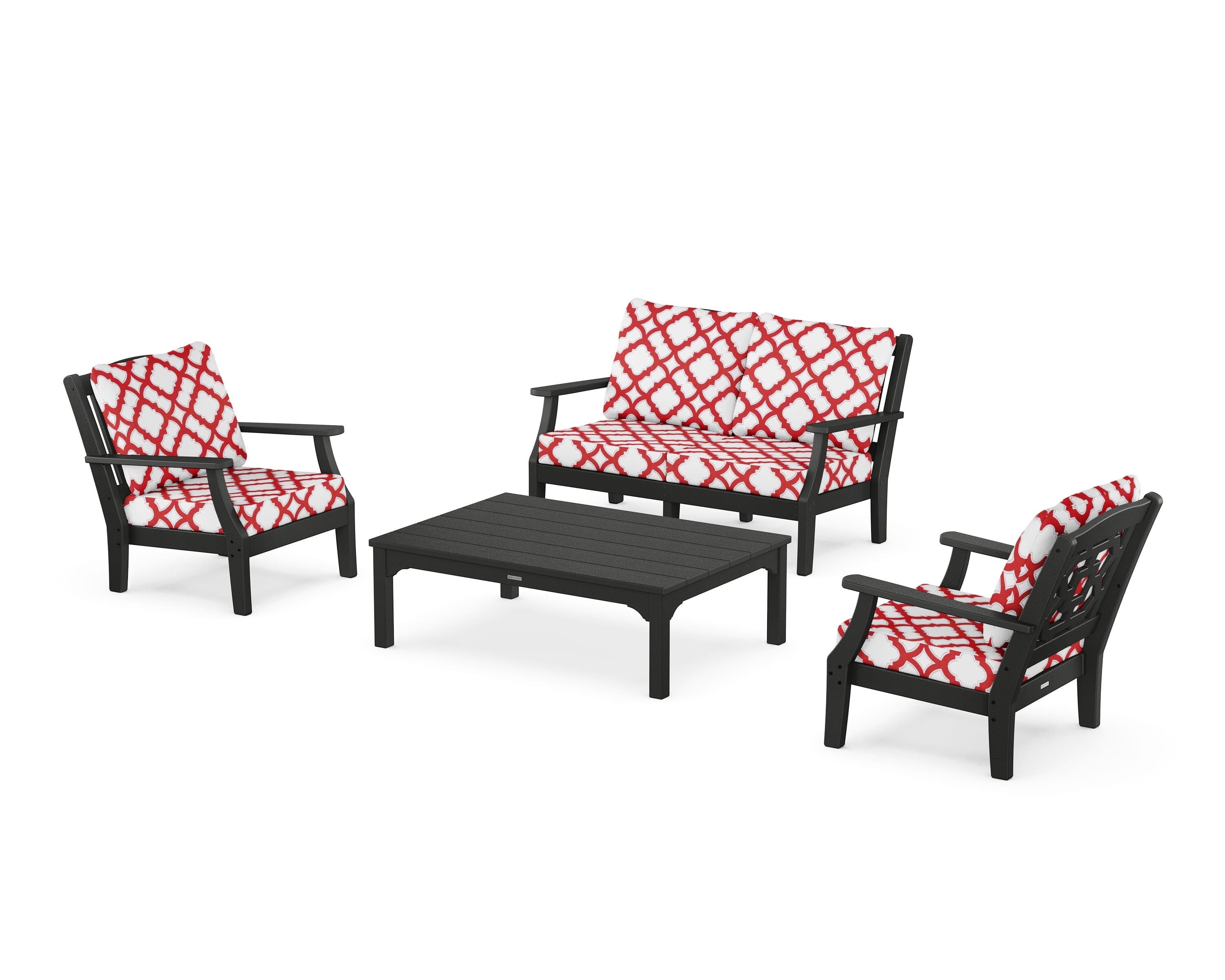 Martha Stewart by POLYWOOD® Chinoiserie 4-Piece Deep Seating Set with Loveseat in Black / Trellis Crimson