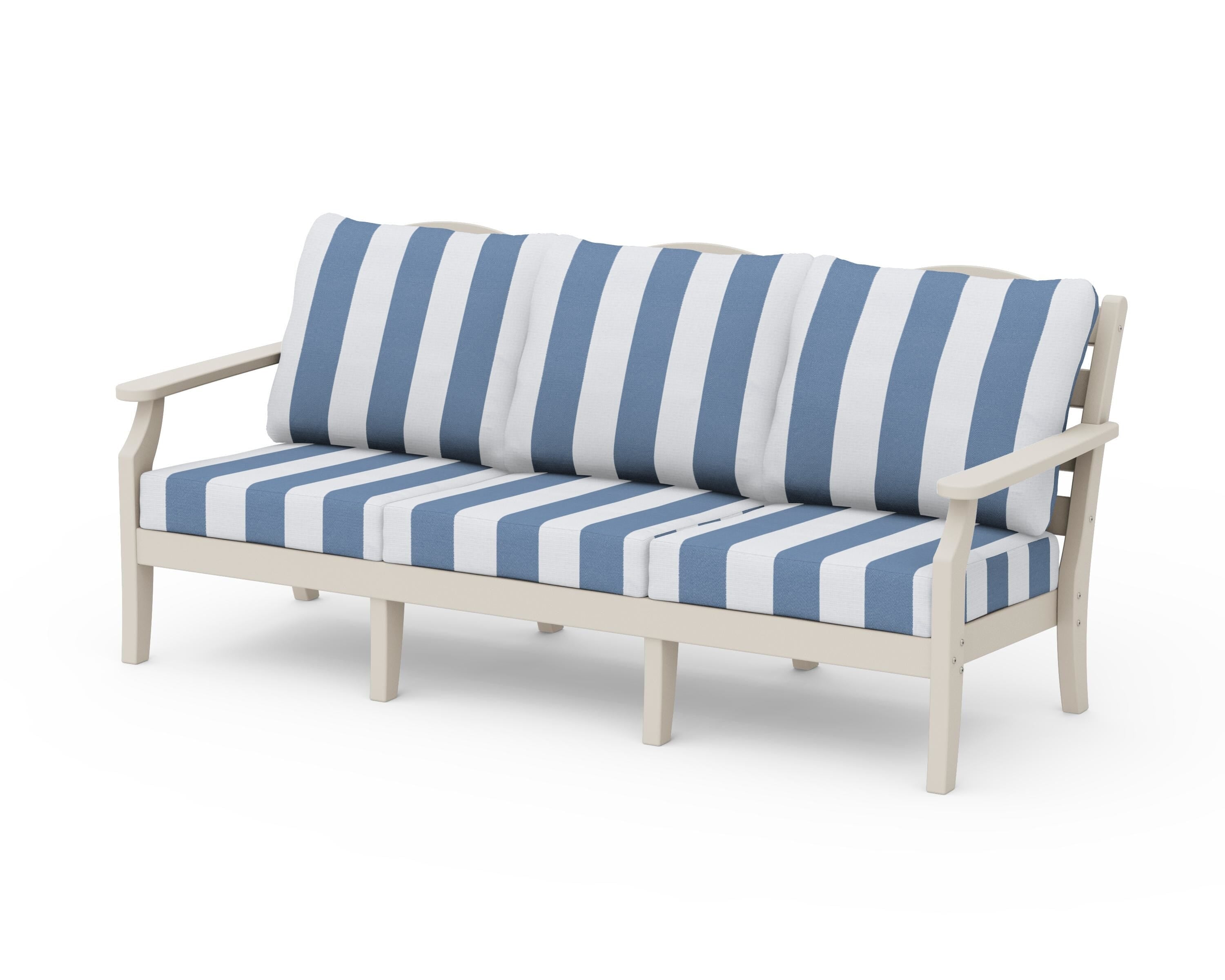 Draper James™ by POLYWOOD® Savannah Deep Seating Sofa in Sand / Cabana Stripe Sky Blue