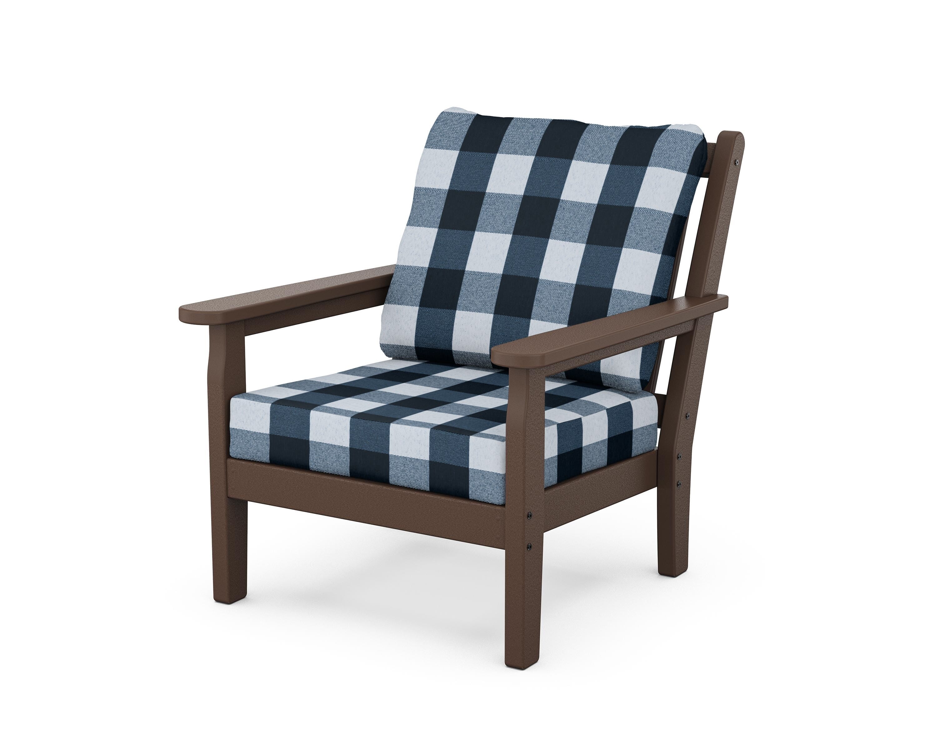 POLYWOOD® Chippendale Deep Seating Chair in Mahogany / Buffalo Plaid Marine Indigo