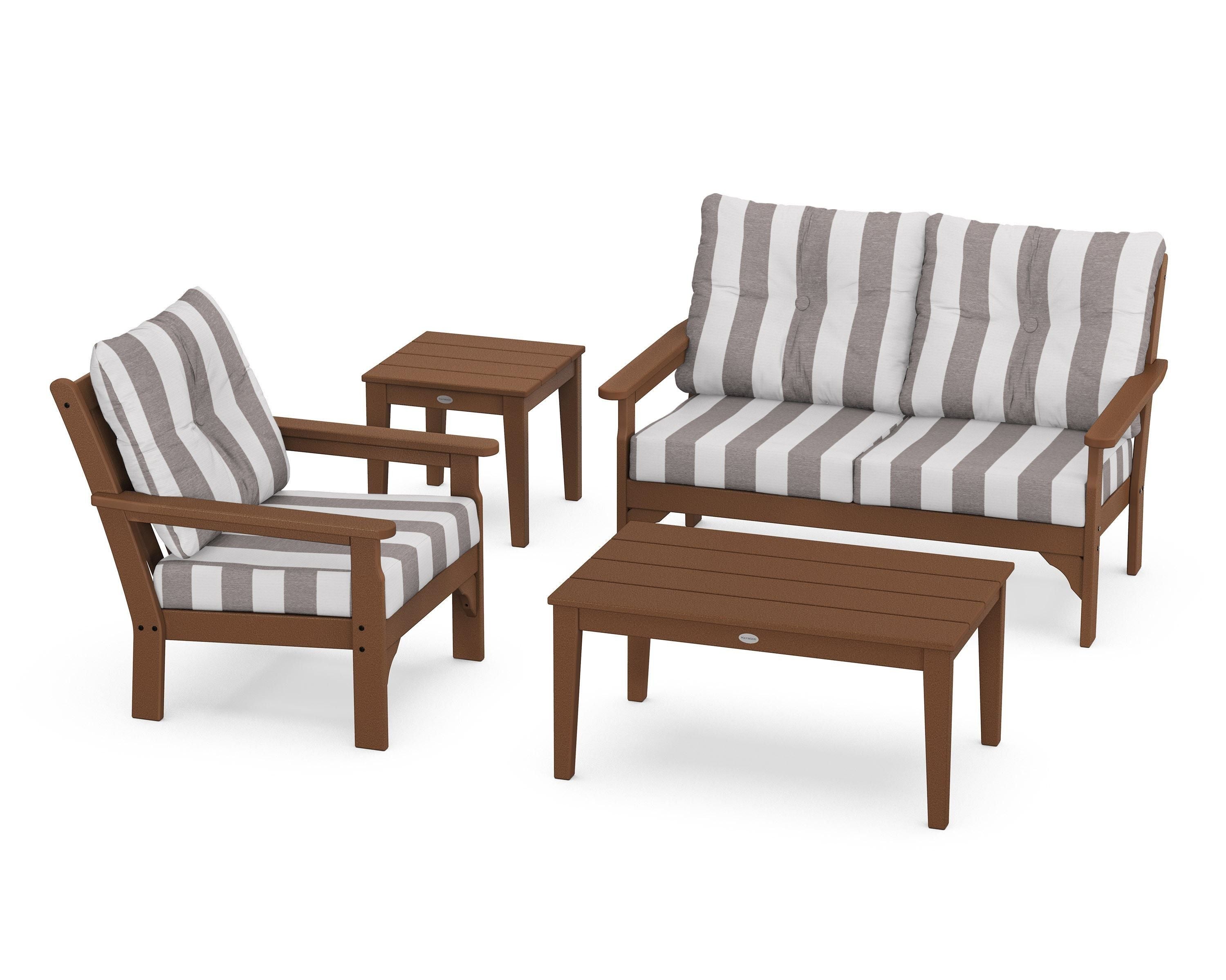 POLYWOOD® Vineyard 4-Piece Deep Seating Set in Teak / Cabana Stripe Grey Mist