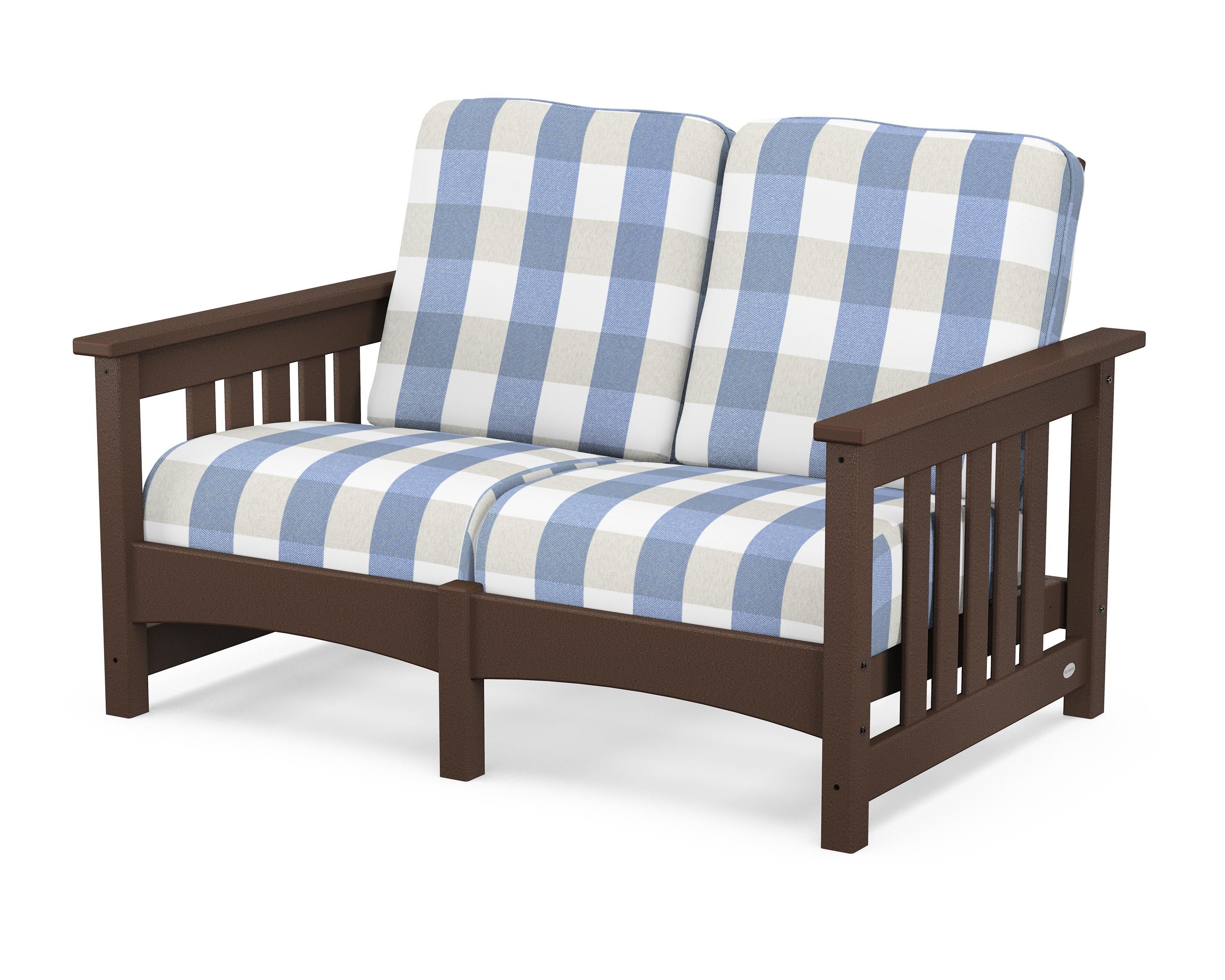 POLYWOOD® Club Mission Loveseat in Mahogany / Buffalo Plaid Sky Blue
