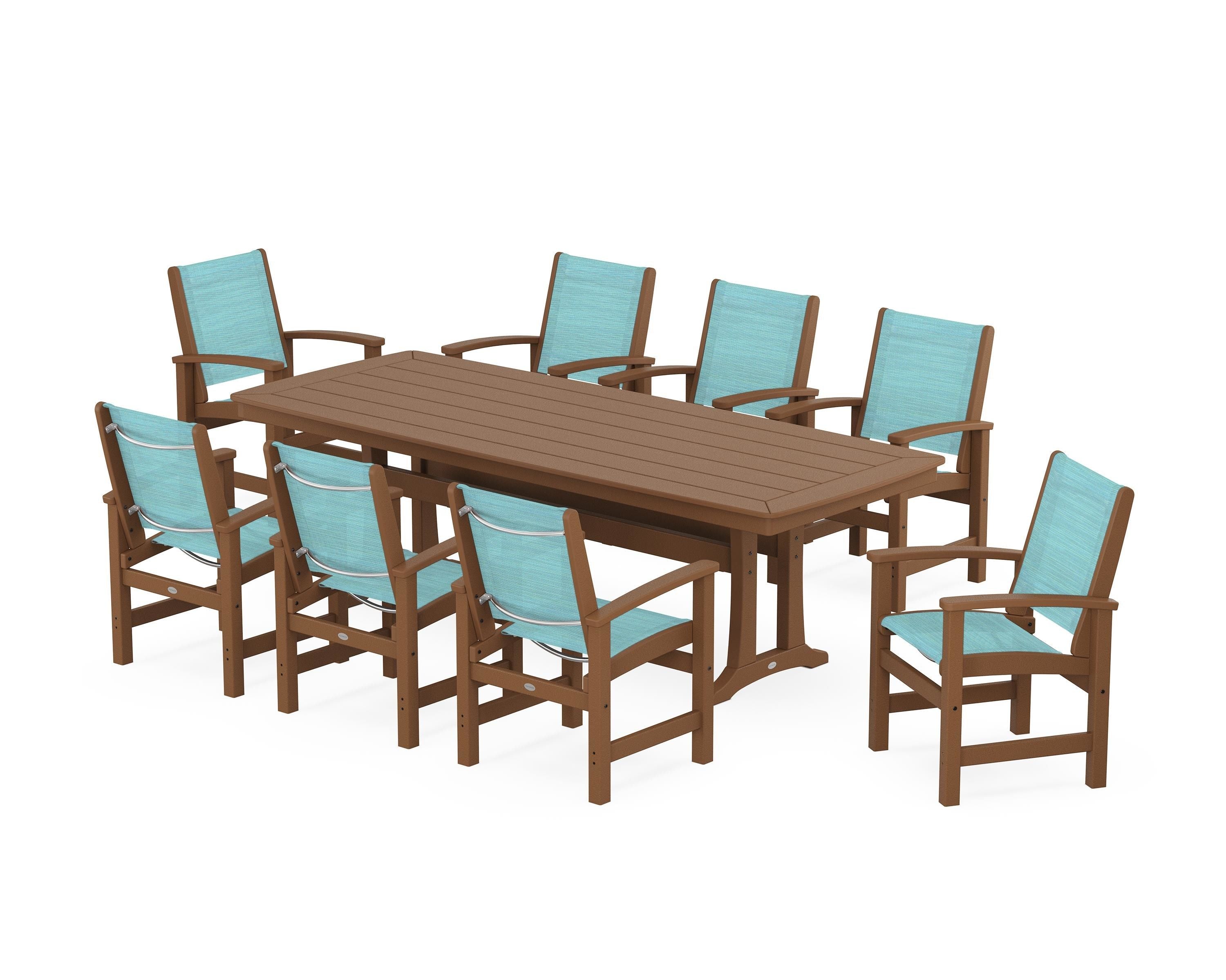 POLYWOOD® Coastal 9-Piece Dining Set with Trestle Legs in Teak / Dupioni Aquamarine Sling