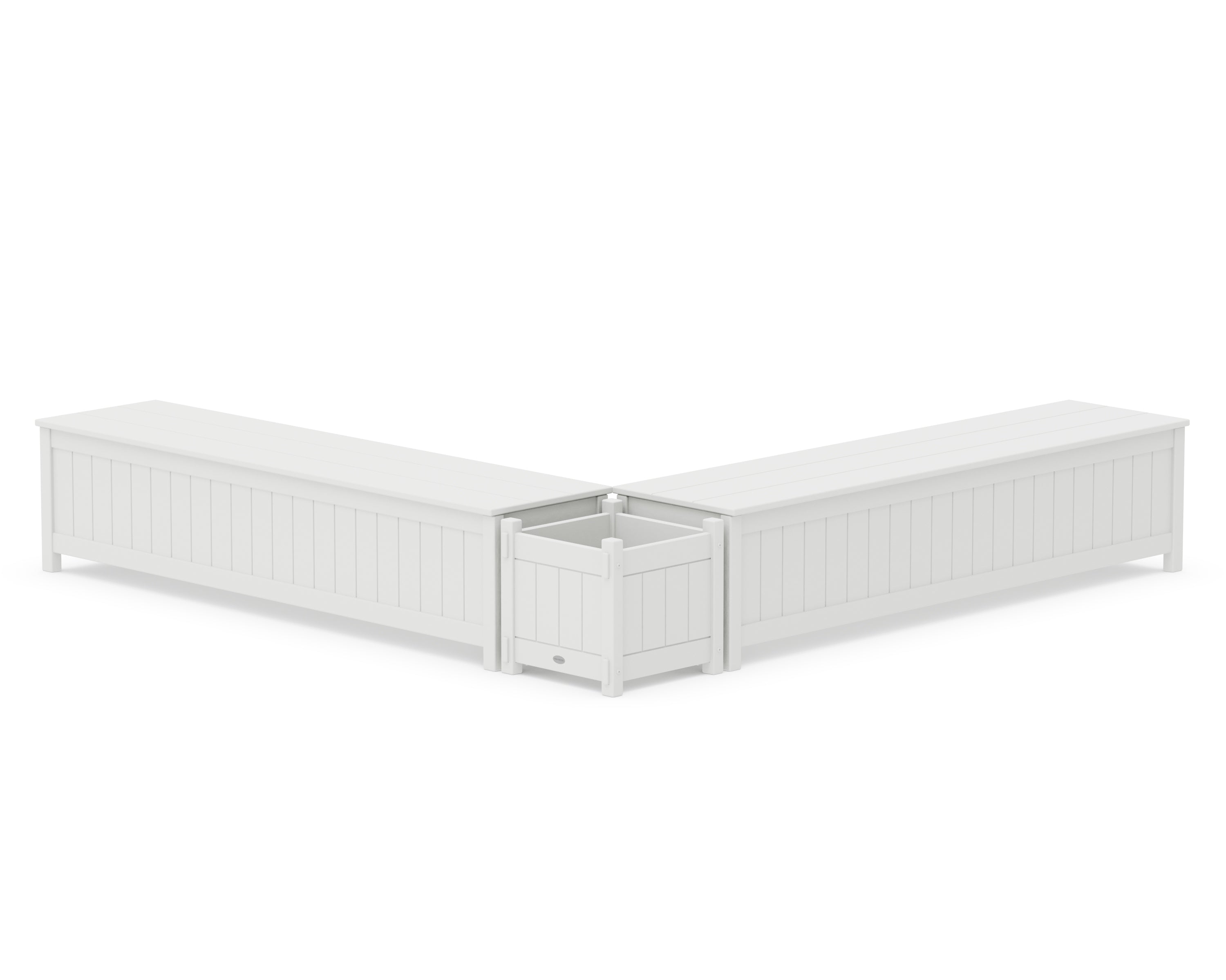 POLYWOOD® 72" Vineyard L- Shaped Planter Storage Bench Set in White