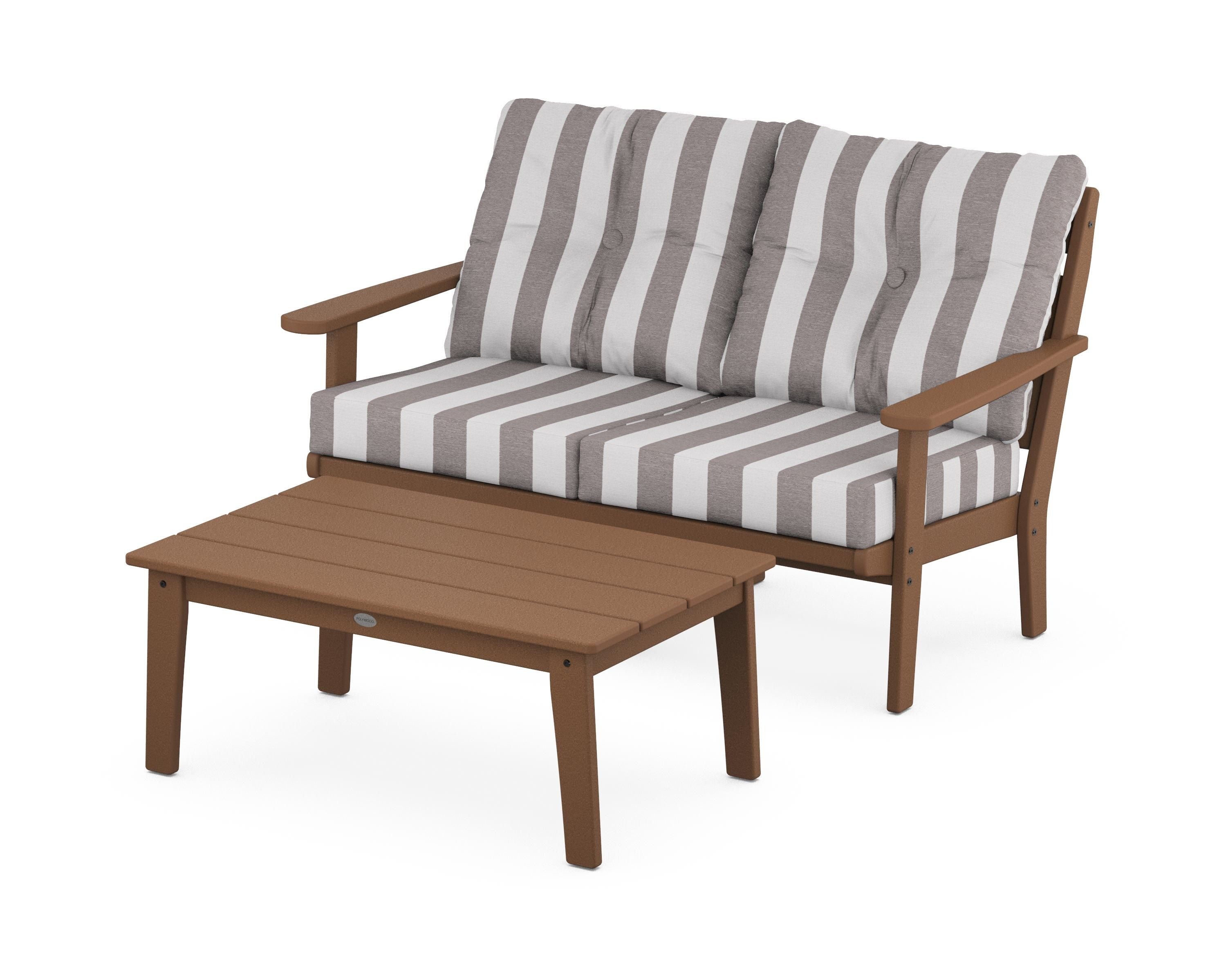 POLYWOOD® Lakeside 2-Piece Lounge Loveseat Set in Teak / Cabana Stripe Grey Mist