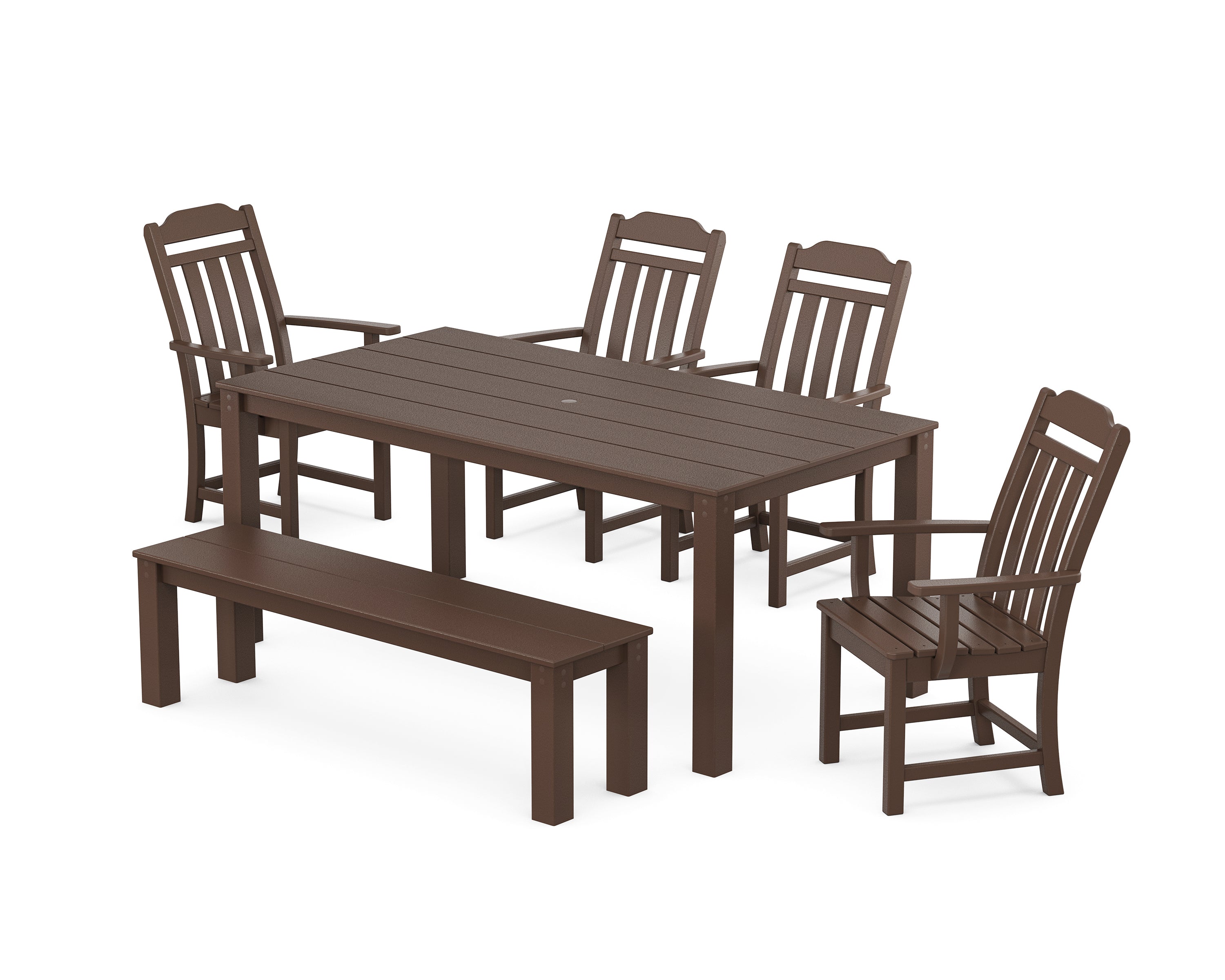 Country Living Cottage 6-Piece Parsons Dining Set with Bench in Mahogany