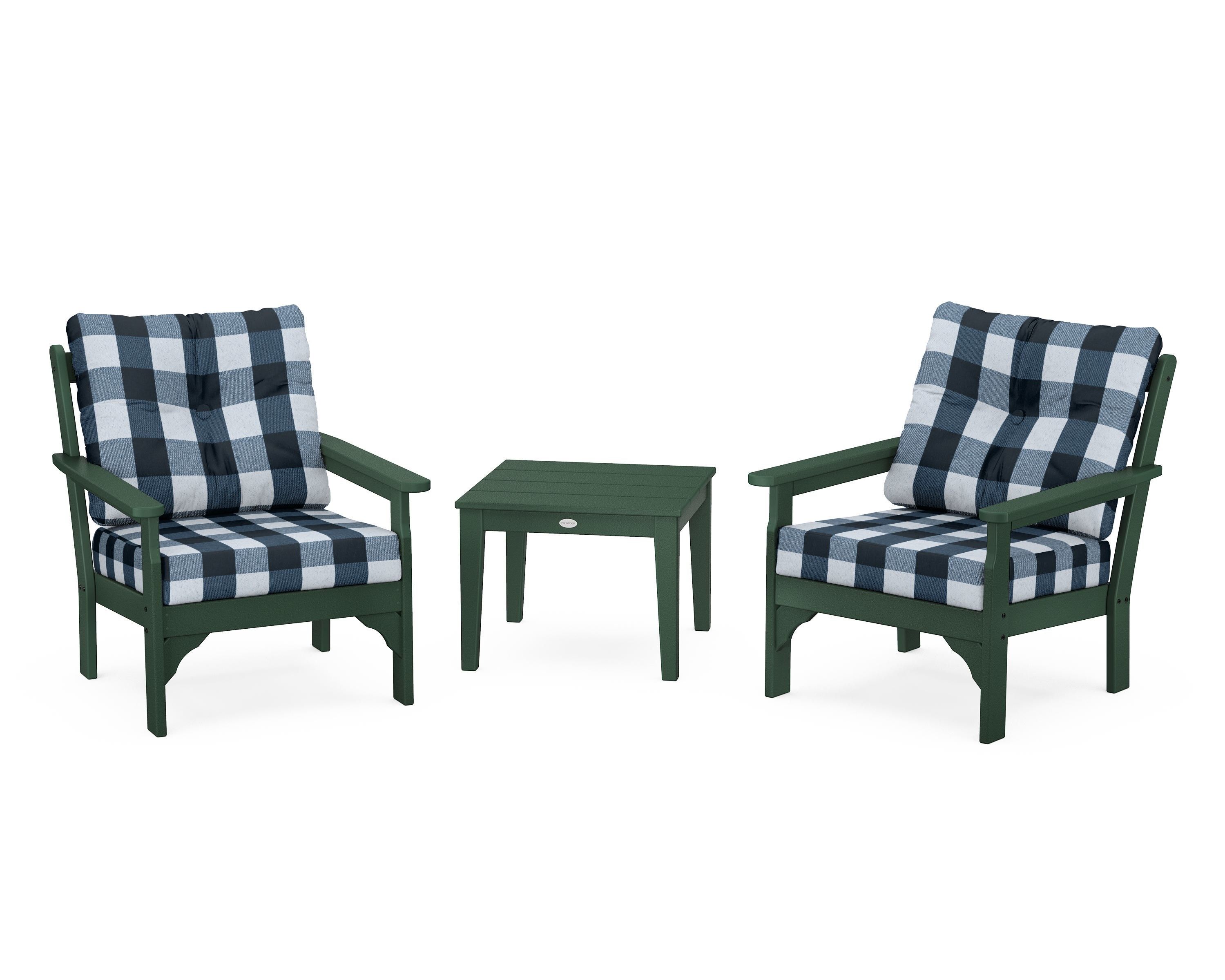 POLYWOOD® Vineyard 3-Piece Deep Seating Set in Green / Buffalo Plaid Marine Indigo