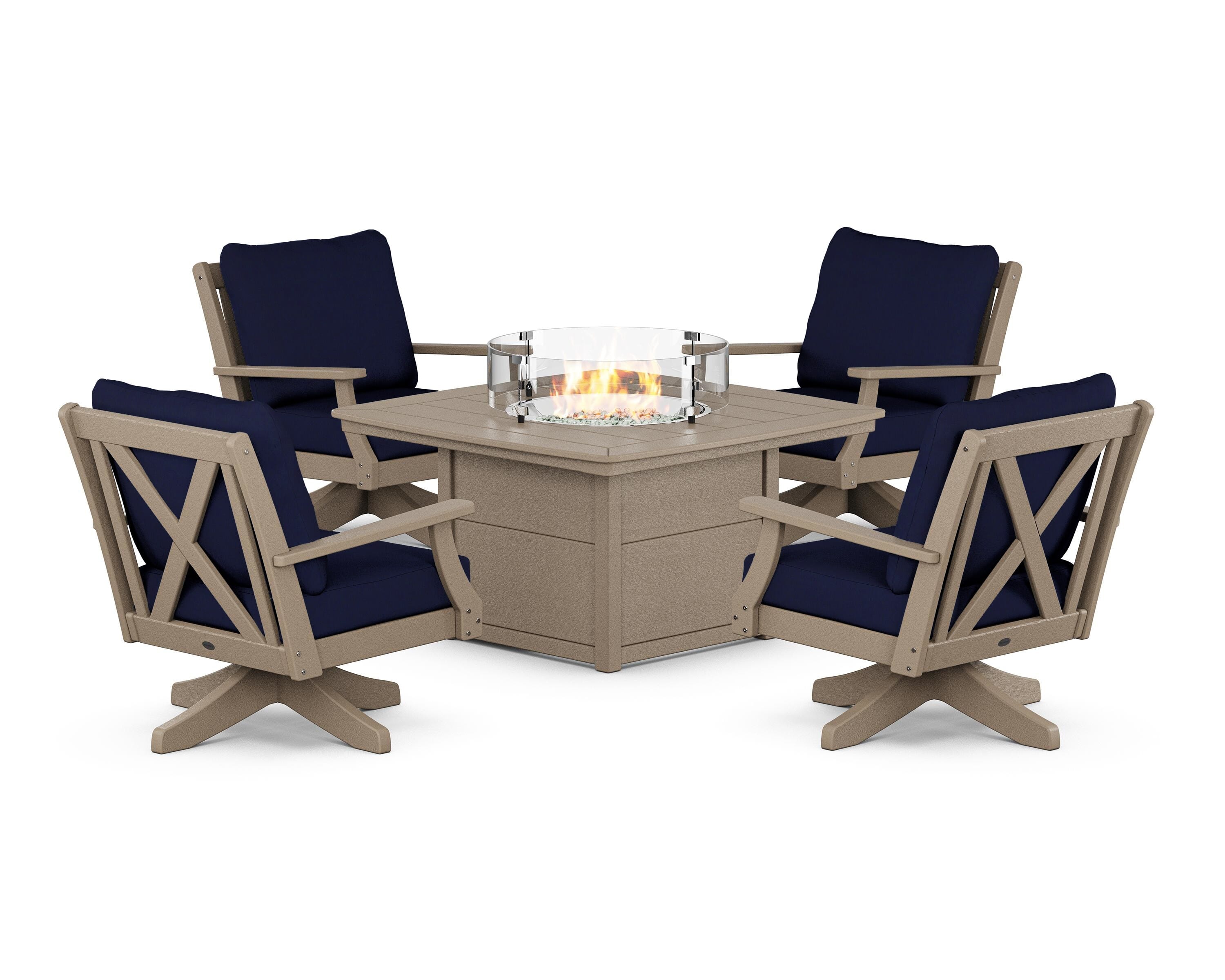 POLYWOOD® Braxton 5-Piece Deep Seating Swivel Conversation Set with Fire Pit Table in Vintage Sahara / Navy