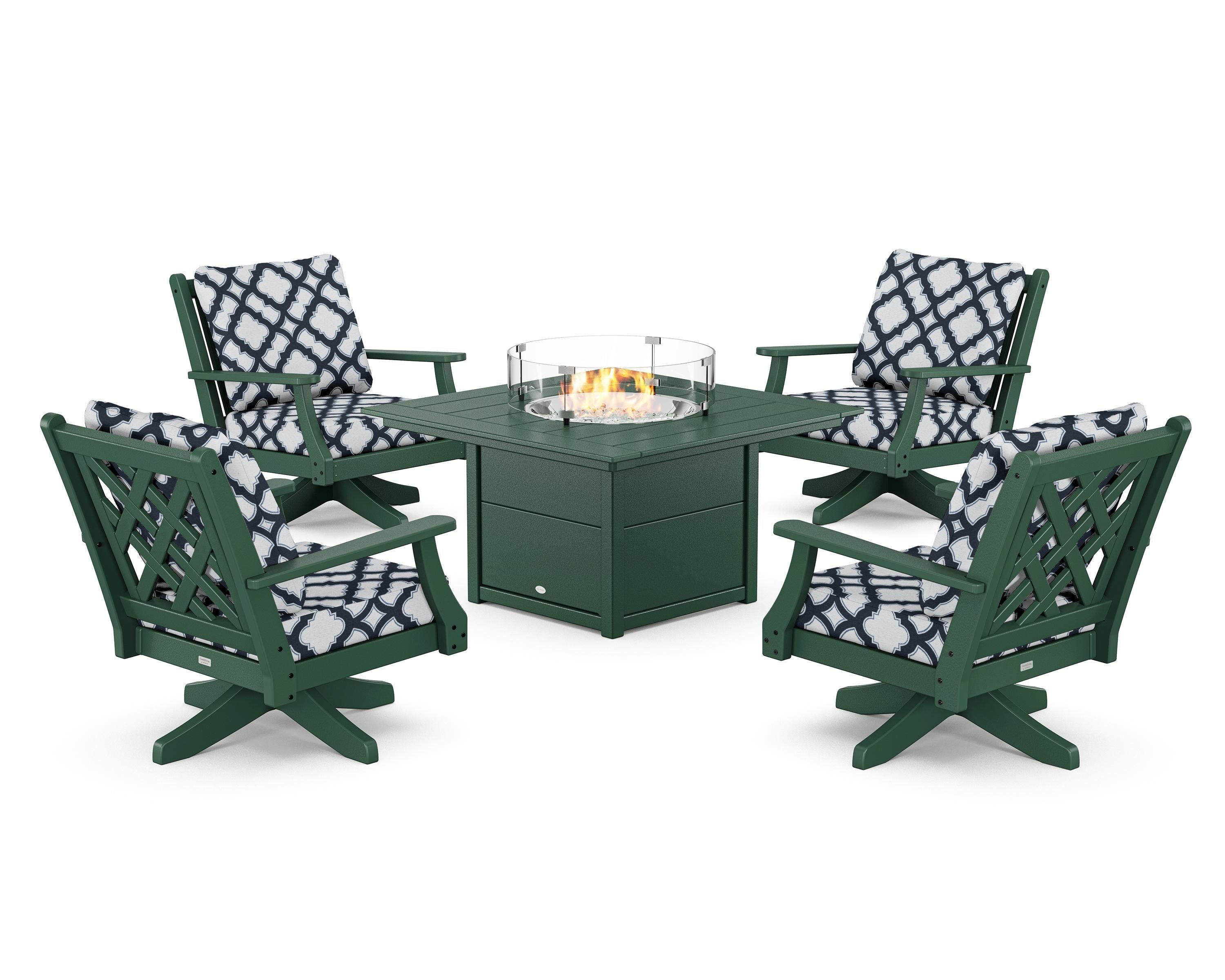 Country Living Wovendale 5-Piece Deep Seating Swivel Conversation Set with Fire Pit Table in Green / Trellis Marine Indigo