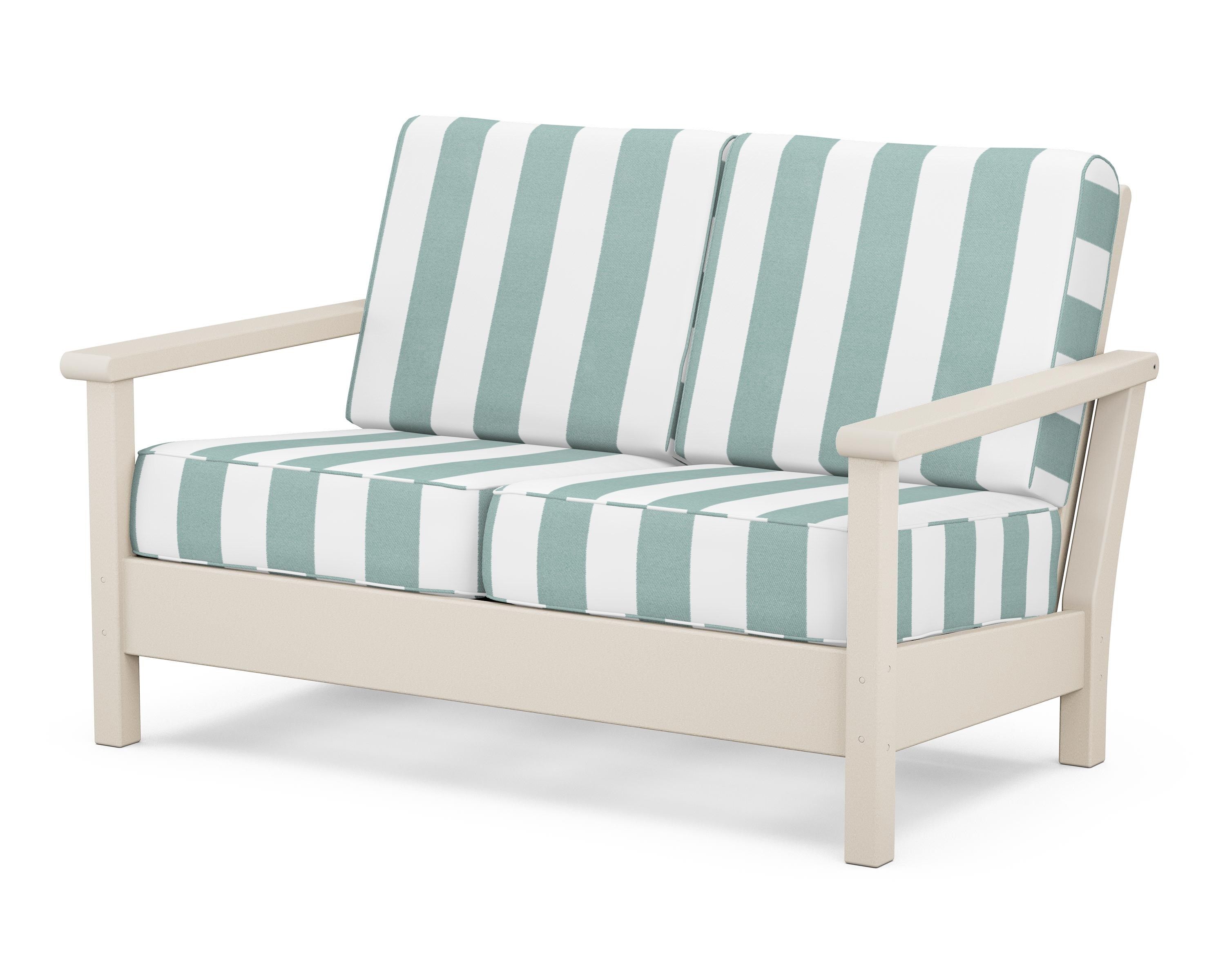 POLYWOOD® Harbour Deep Seating Loveseat in Sand / Cabana Stripe Glacier Spa