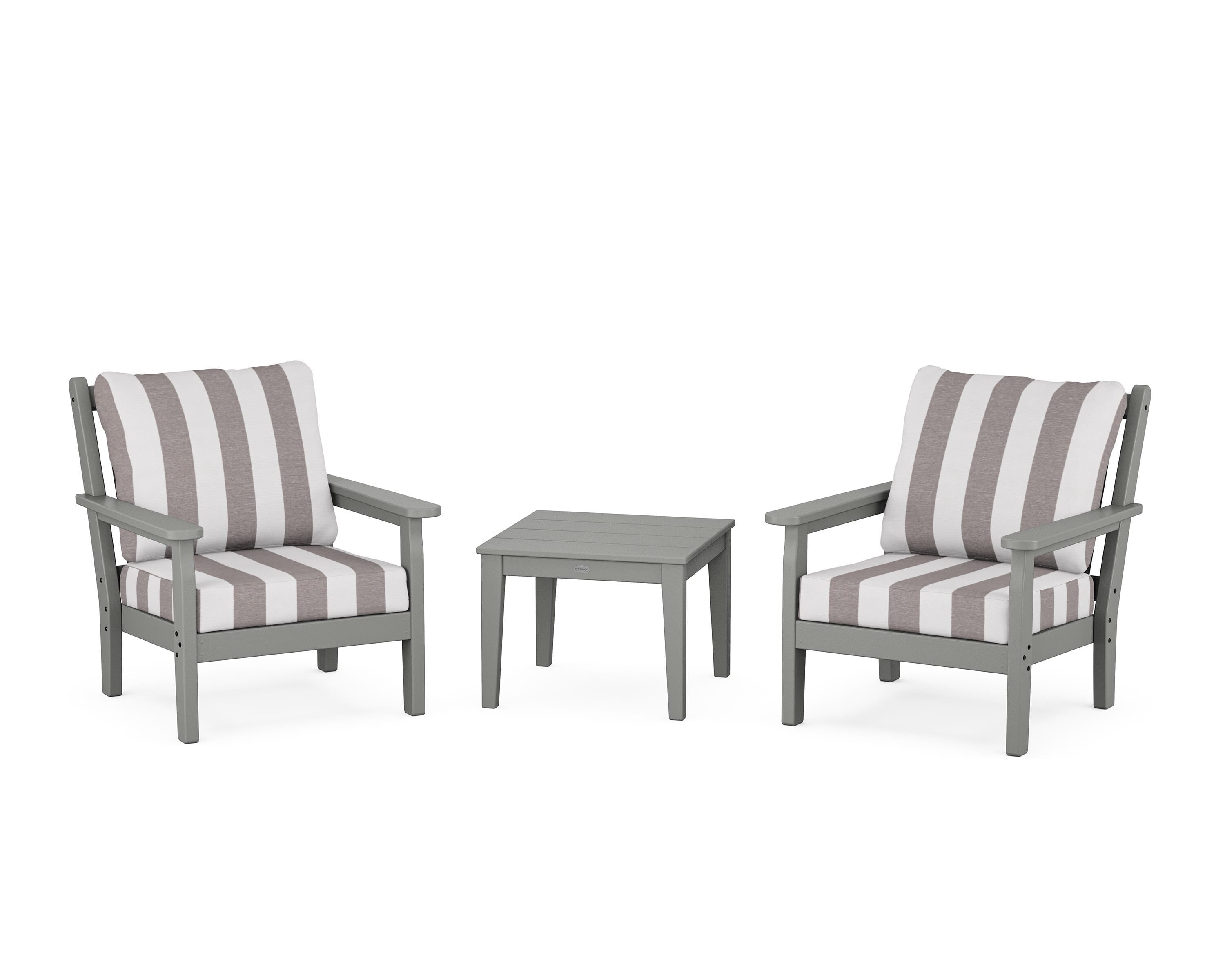 POLYWOOD® Chippendale 3-Piece Deep Seating Set in Slate Grey / Cabana Stripe Grey Mist