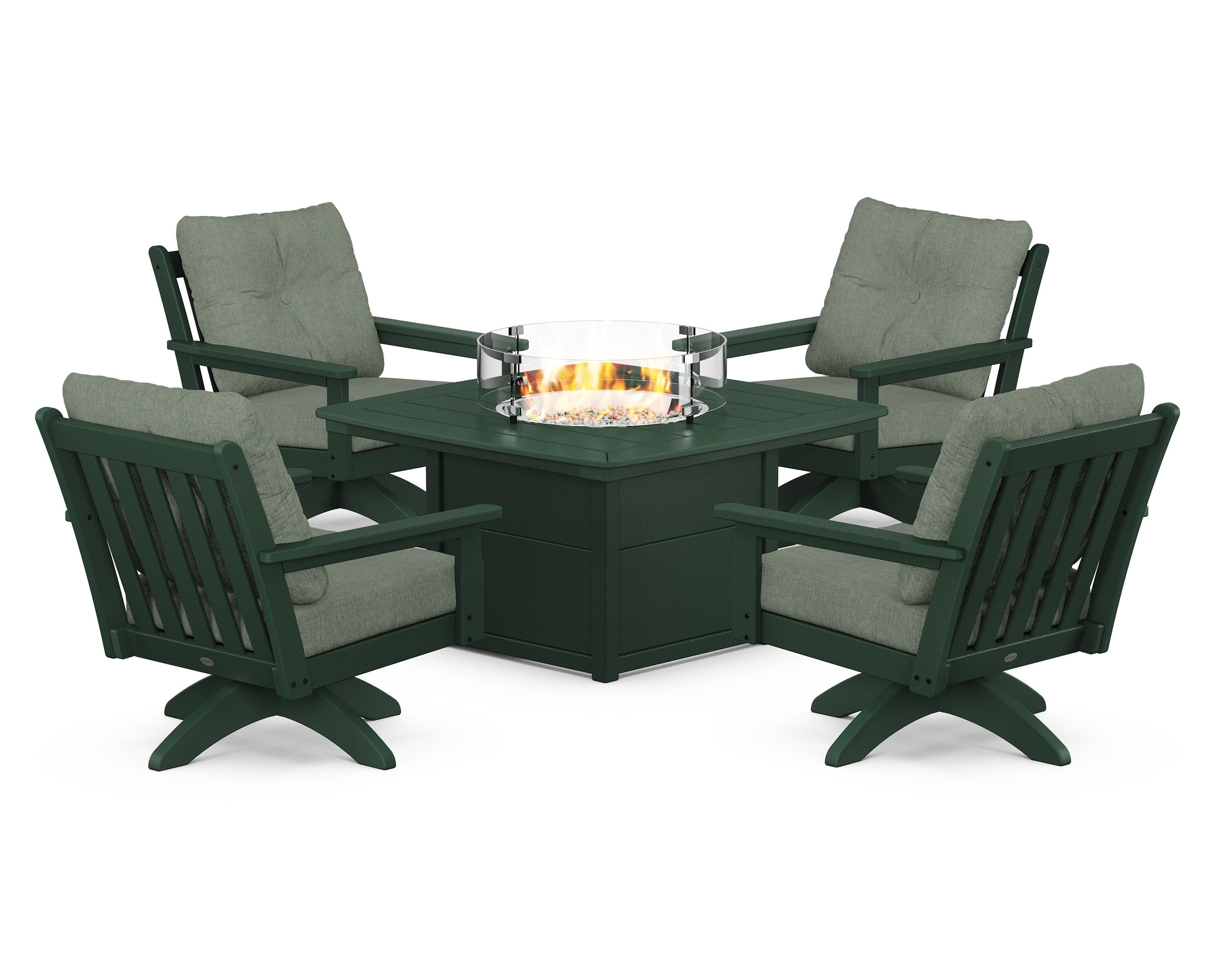 POLYWOOD® Vineyard 5-Piece Deep Seating Swivel Conversation Set with Fire Pit Table in Green / Cast Sage