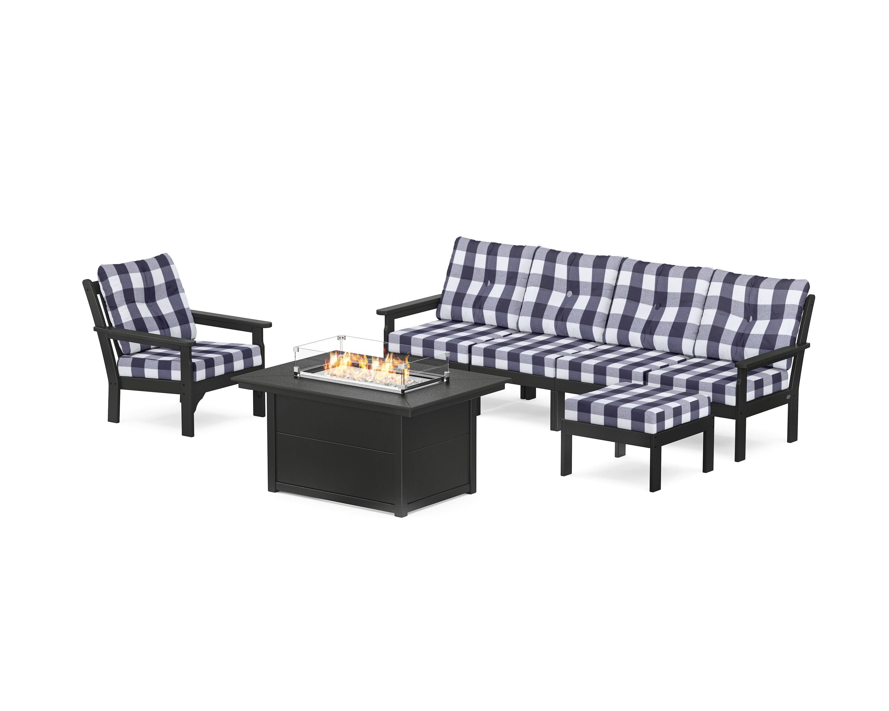 POLYWOOD® Vineyard Sectional Lounge and Fire Pit Set in Black / Buffalo Plaid Navy