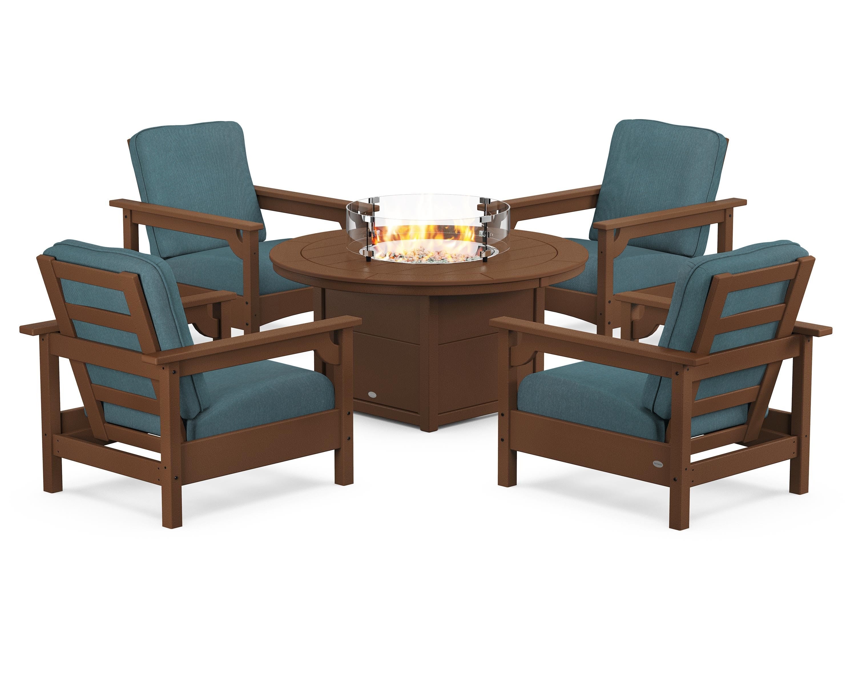 POLYWOOD® Club 5-Piece Conversation Set with Fire Pit Table in Teak / Ocean Teal