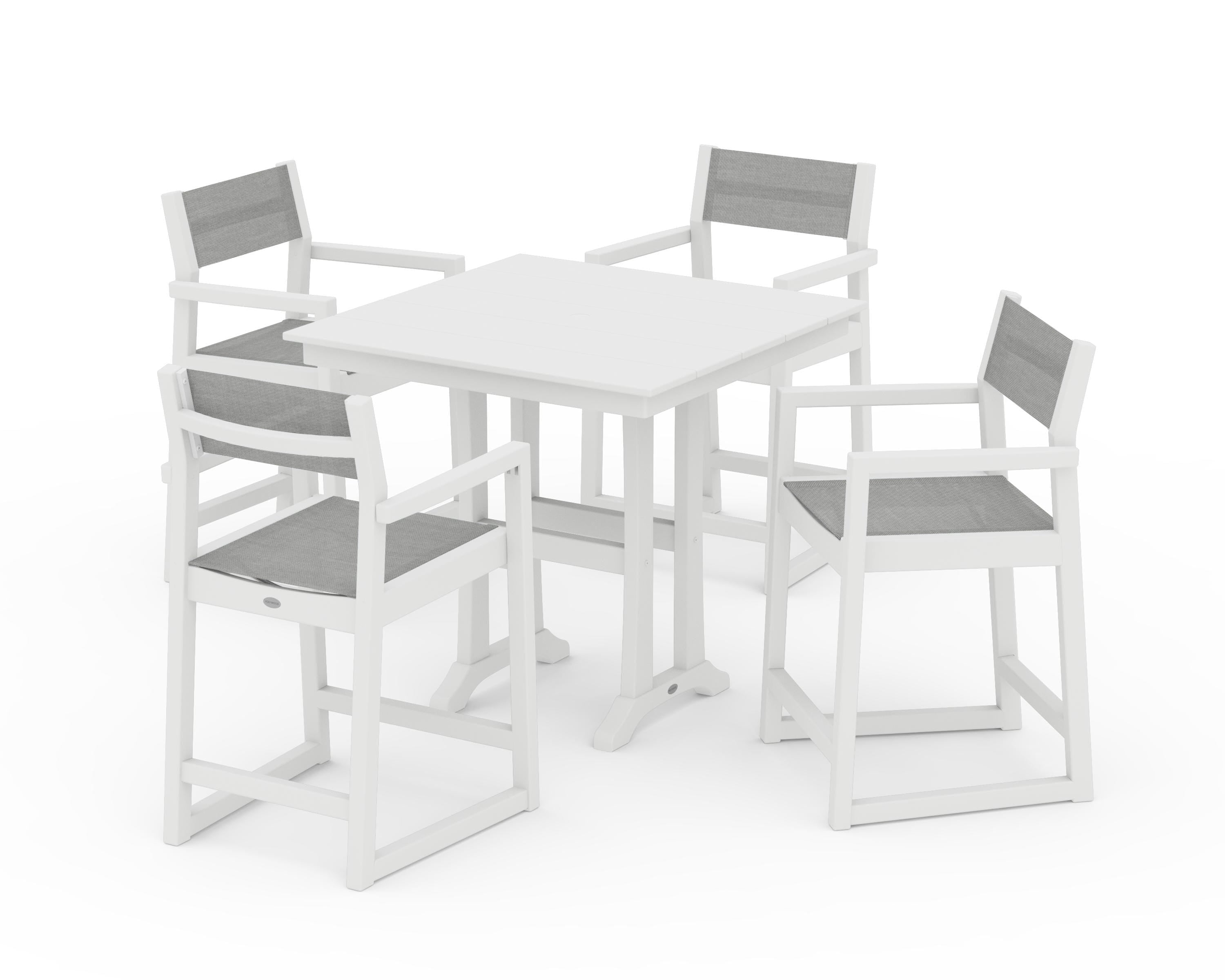 POLYWOOD® EDGE Sling Arm Chair 5-Piece Farmhouse Counter Set with Trestle Legs in White / Metallic Sling