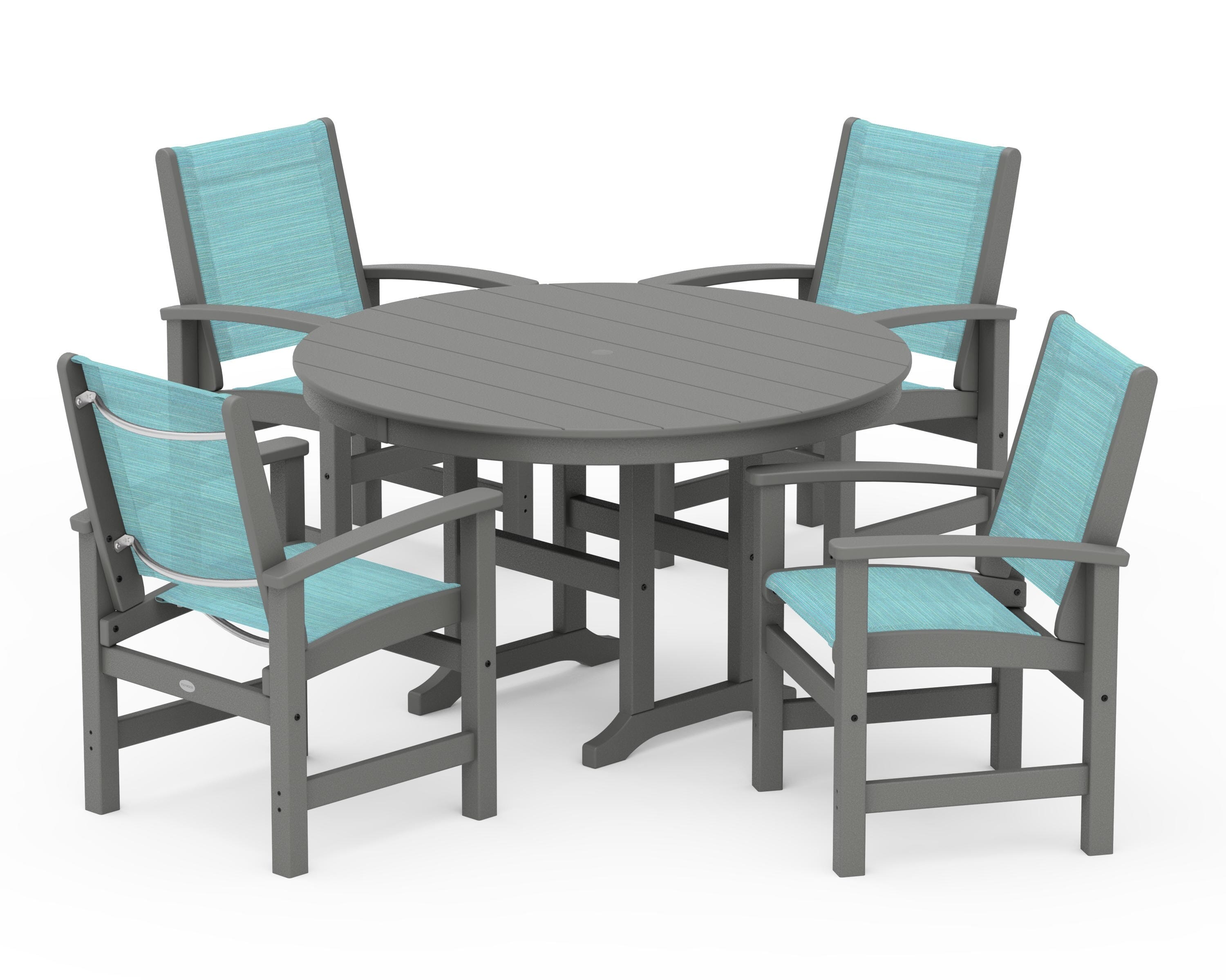 POLYWOOD® Coastal 5-Piece Round Farmhouse Dining Set in Slate Grey / Dupioni Aquamarine Sling