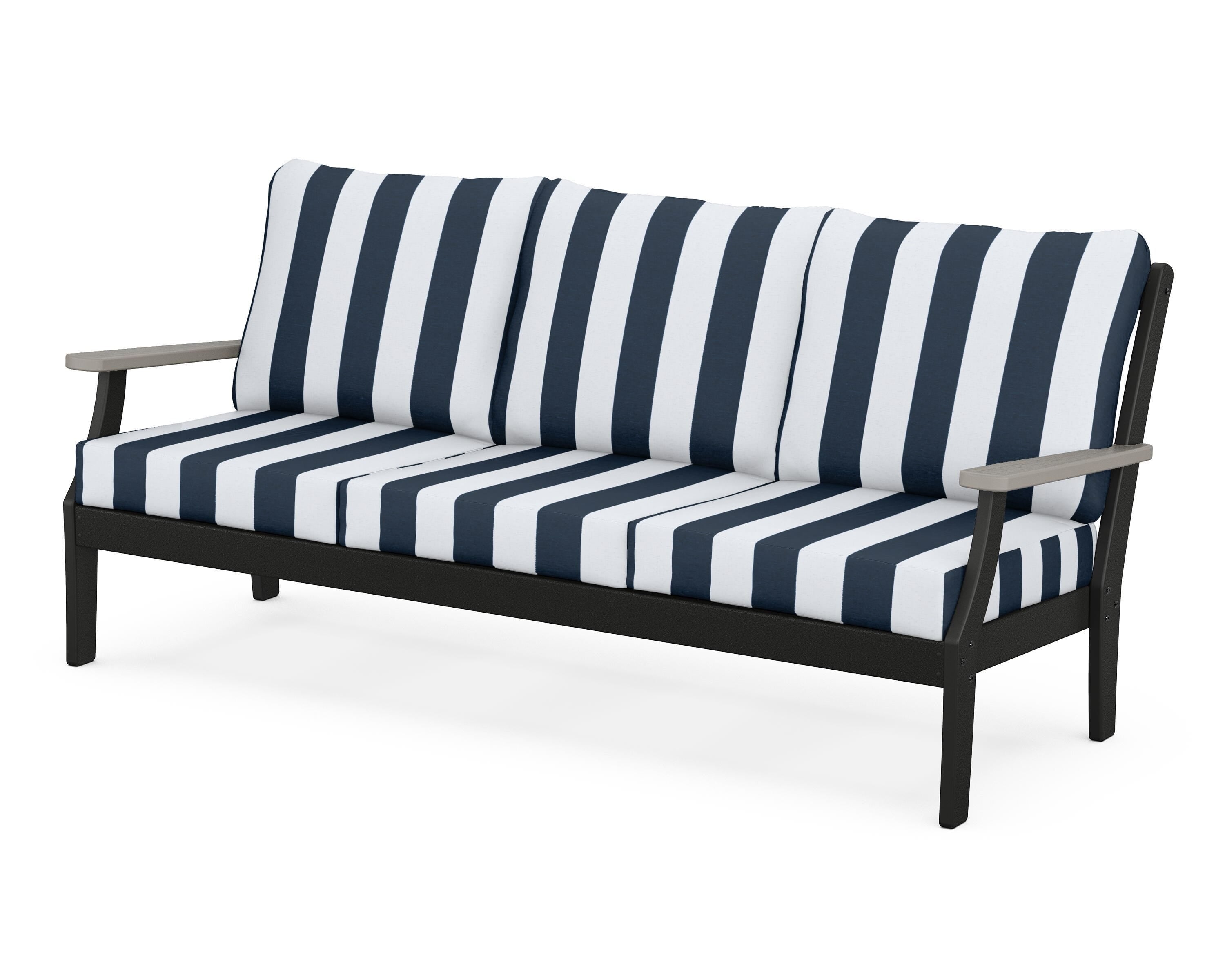 POLYWOOD® Braxton Deep Seating Sofa in Black / Driftwood / Cabana Stripe Marine Indigo