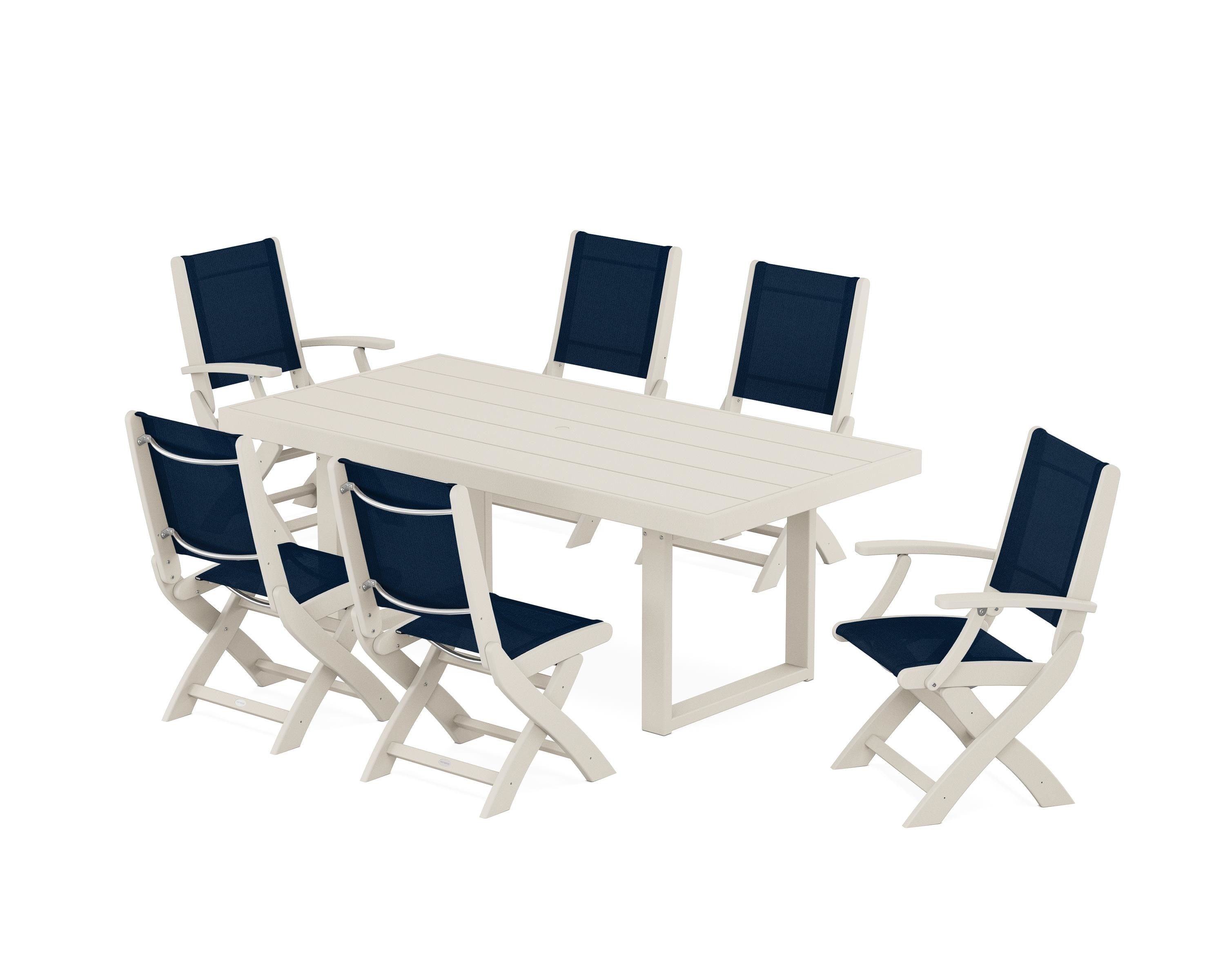 POLYWOOD® Coastal Folding Chair 7-Piece Dining Set with Trestle Legs in Sand / Navy Blue Sling