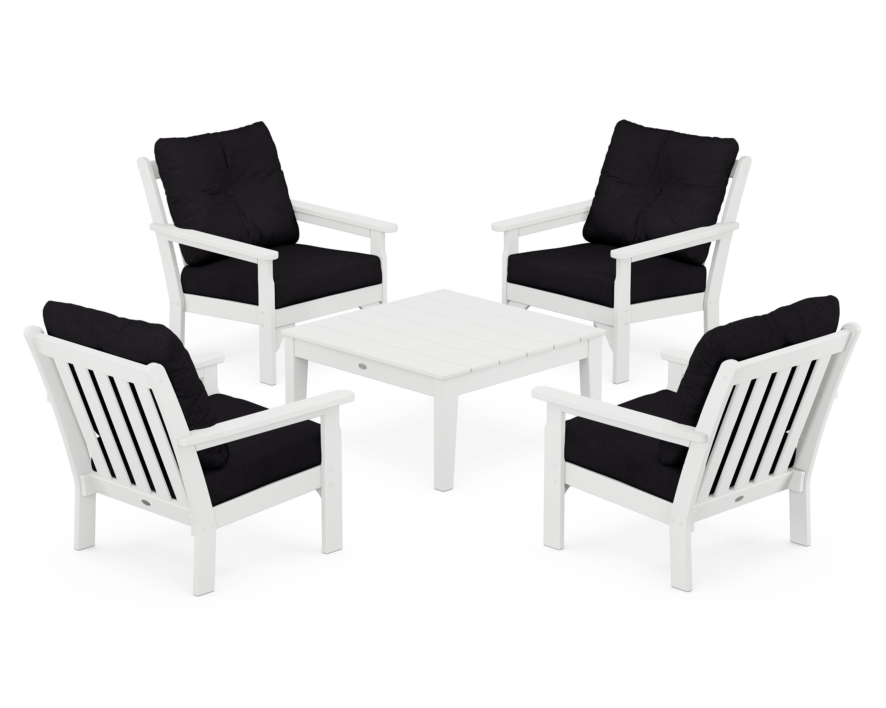 POLYWOOD® Vineyard 5-Piece Deep Seating Conversation Set in White / Midnight Linen