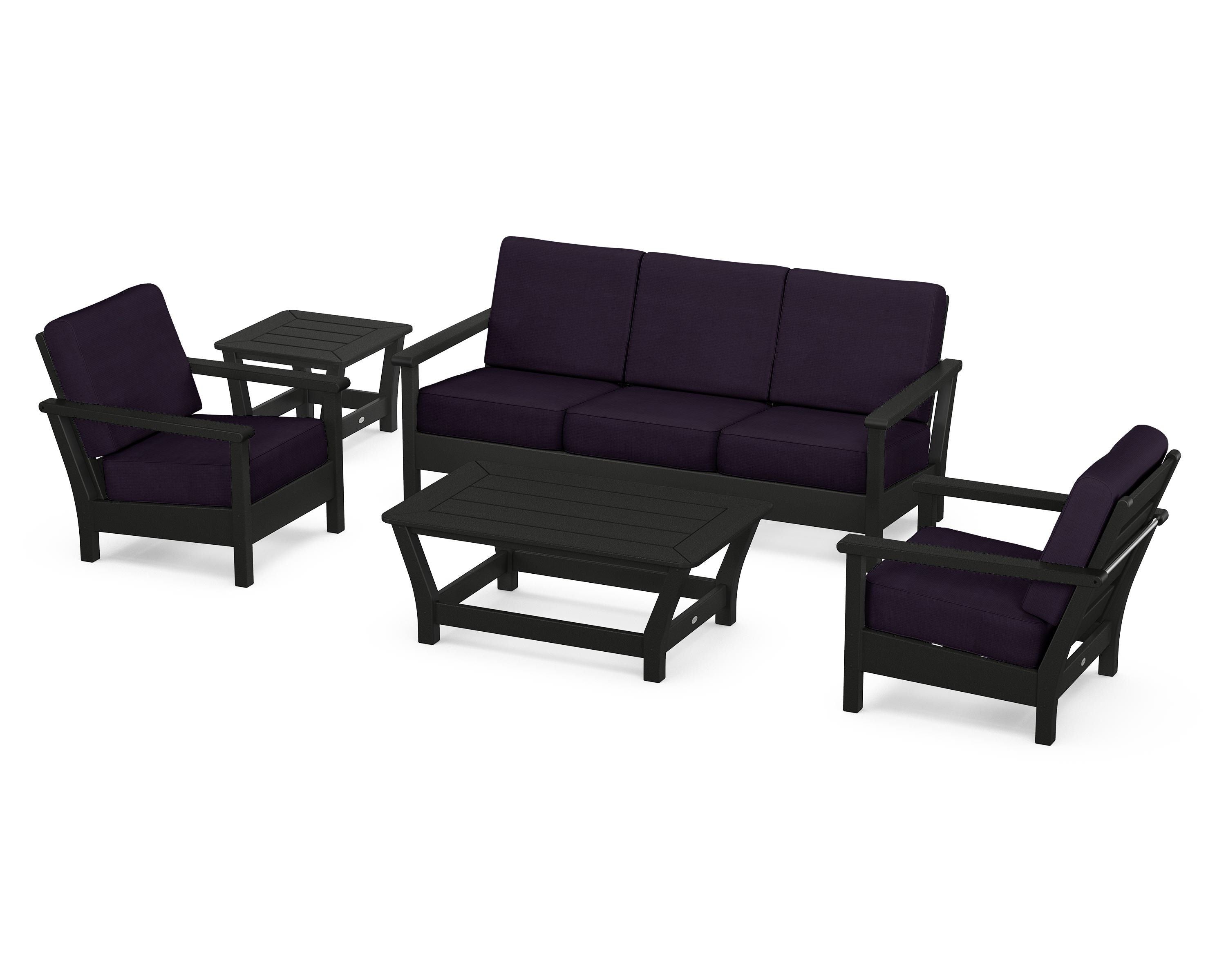 POLYWOOD® Harbour 5-Piece Deep Seating Set in Black / Navy Linen