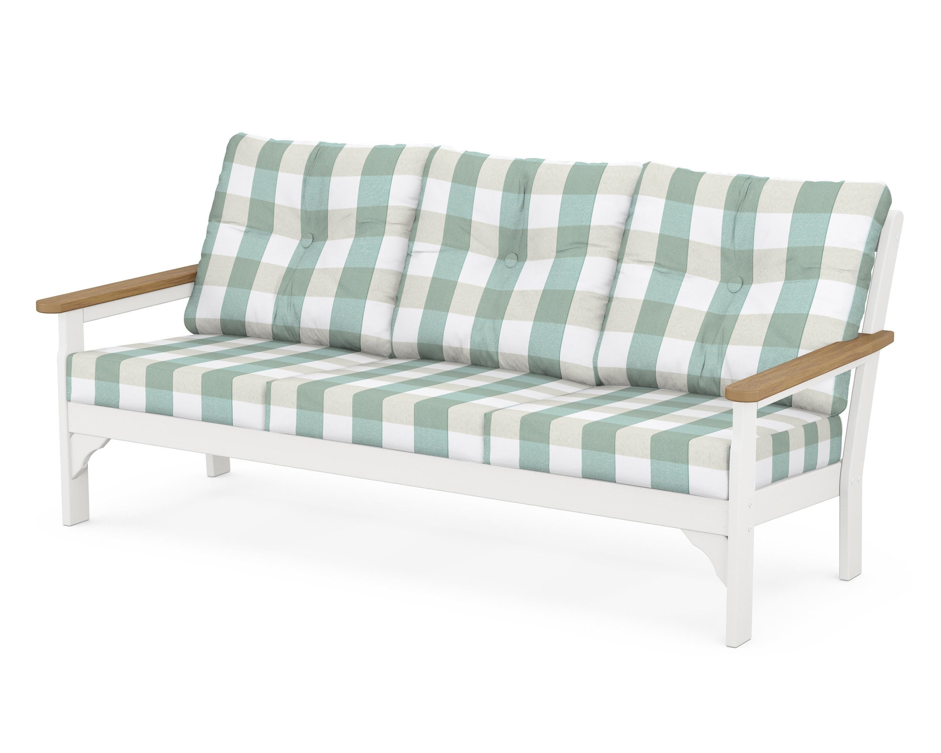 POLYWOOD® Vineyard Deep Seating Sofa in White / Natural / Buffalo Plaid Glacier Spa
