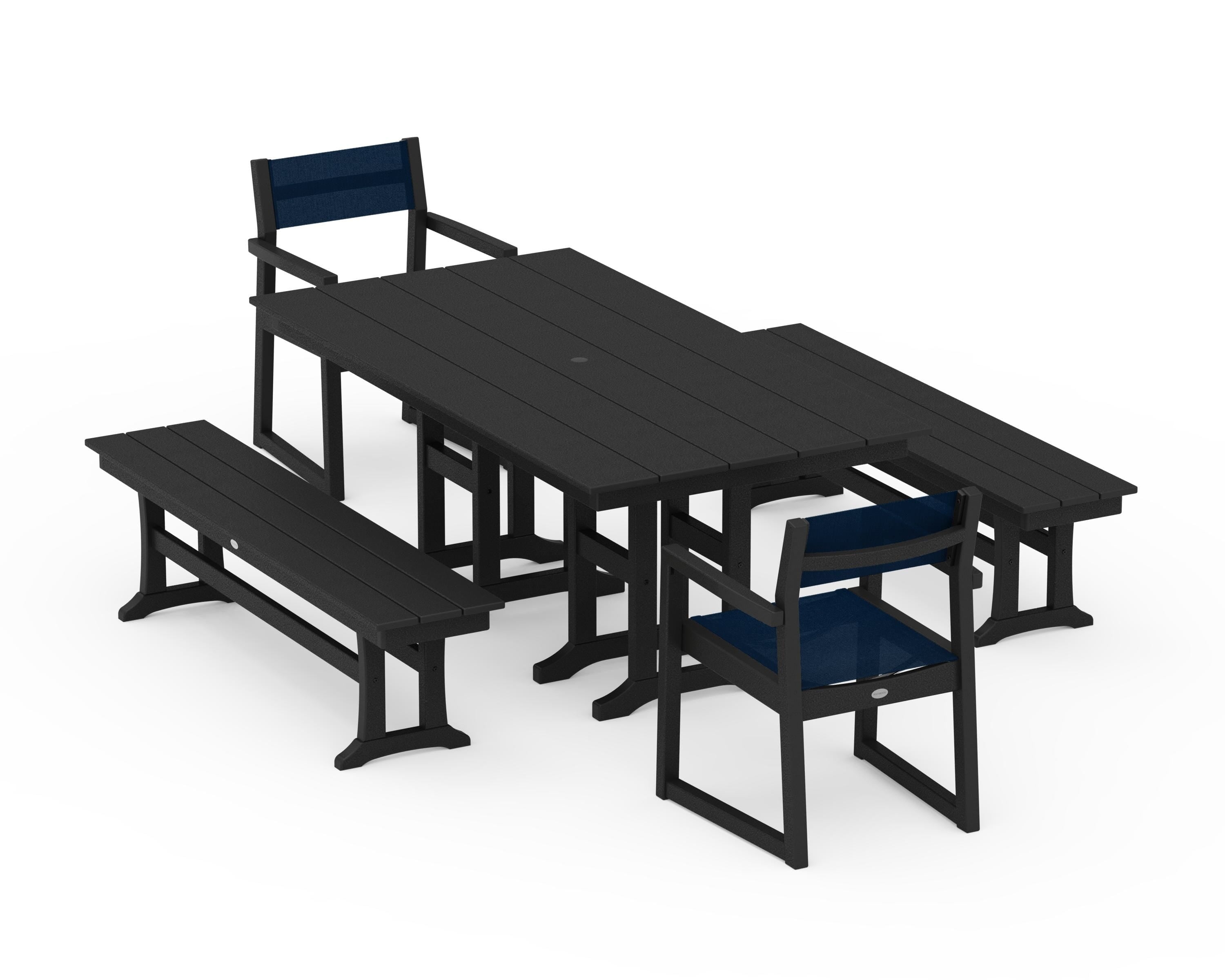 POLYWOOD® EDGE Sling Arm Chair 5-Piece Farmhouse Dining Set with Benches in Black / Navy Blue Sling