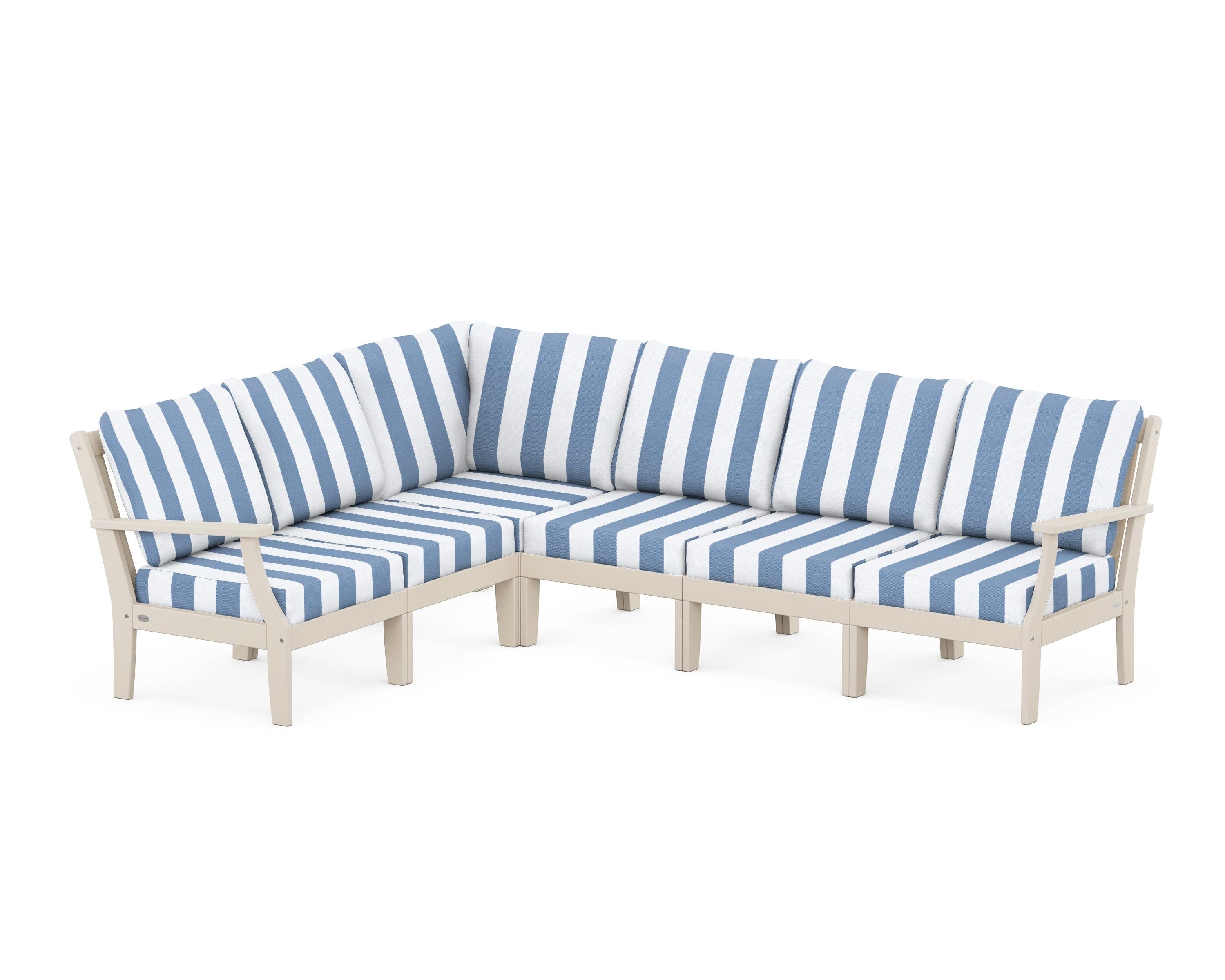 POLYWOOD® Braxton Modular 6-Piece Deep Seating Set in Sand / Cabana Stripe Sky Blue